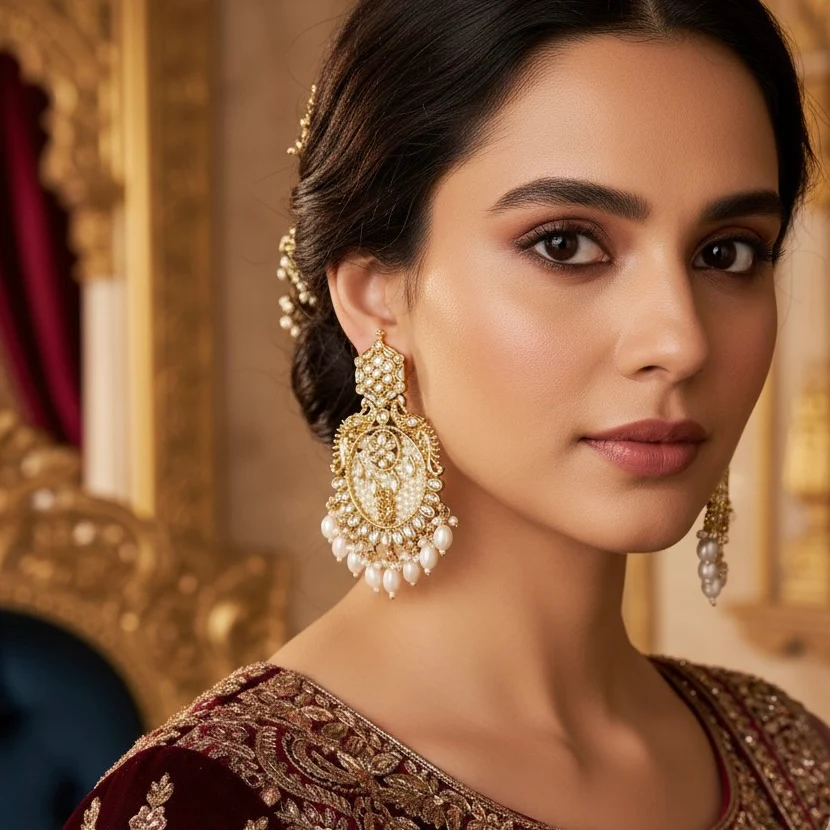 Dhwani Kundan Pearl Chandbali Earrings - Golden - Image 2