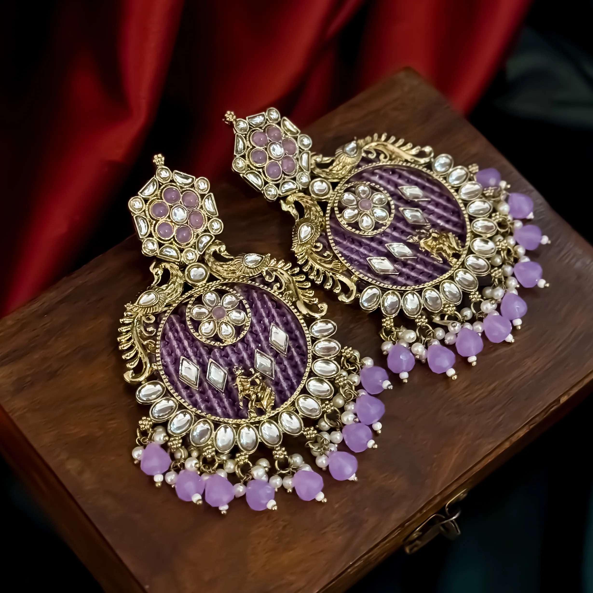 Dhwani Kundan Pearl Chandbali Earrings - Lavender - Image 3