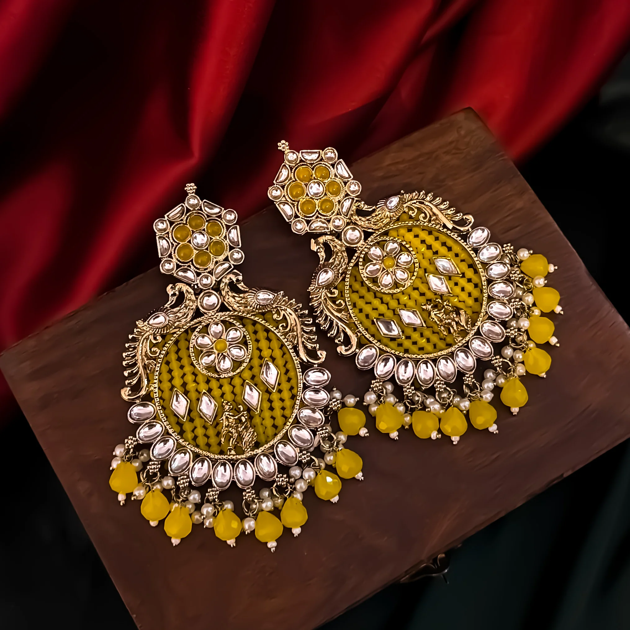 Dhwani Kundan Pearl Chandbali Earrings - Yellow - Image 2