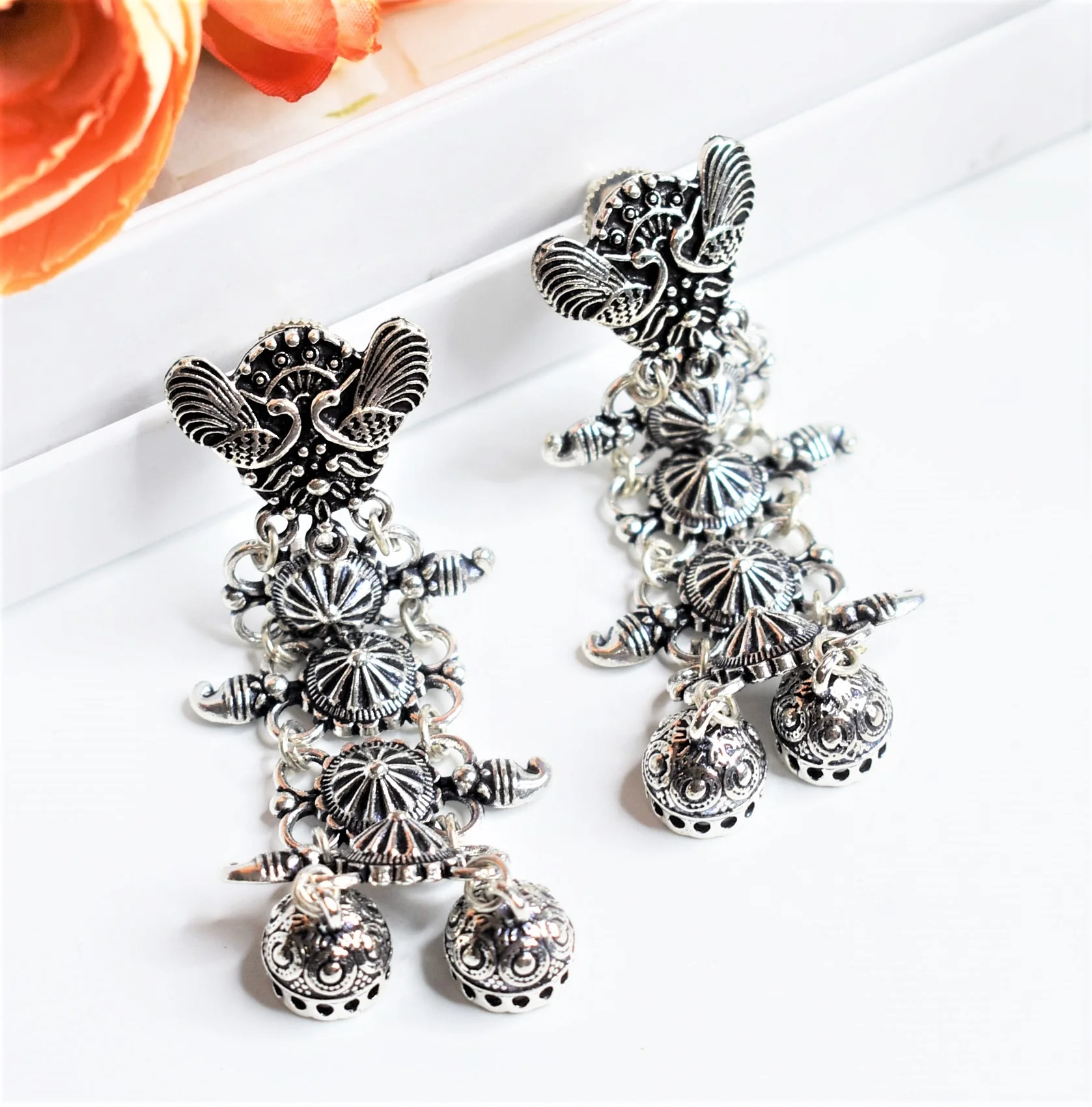 Peacock Embellished Multi Layer Oxidised Jhumka Earrings - Image 3