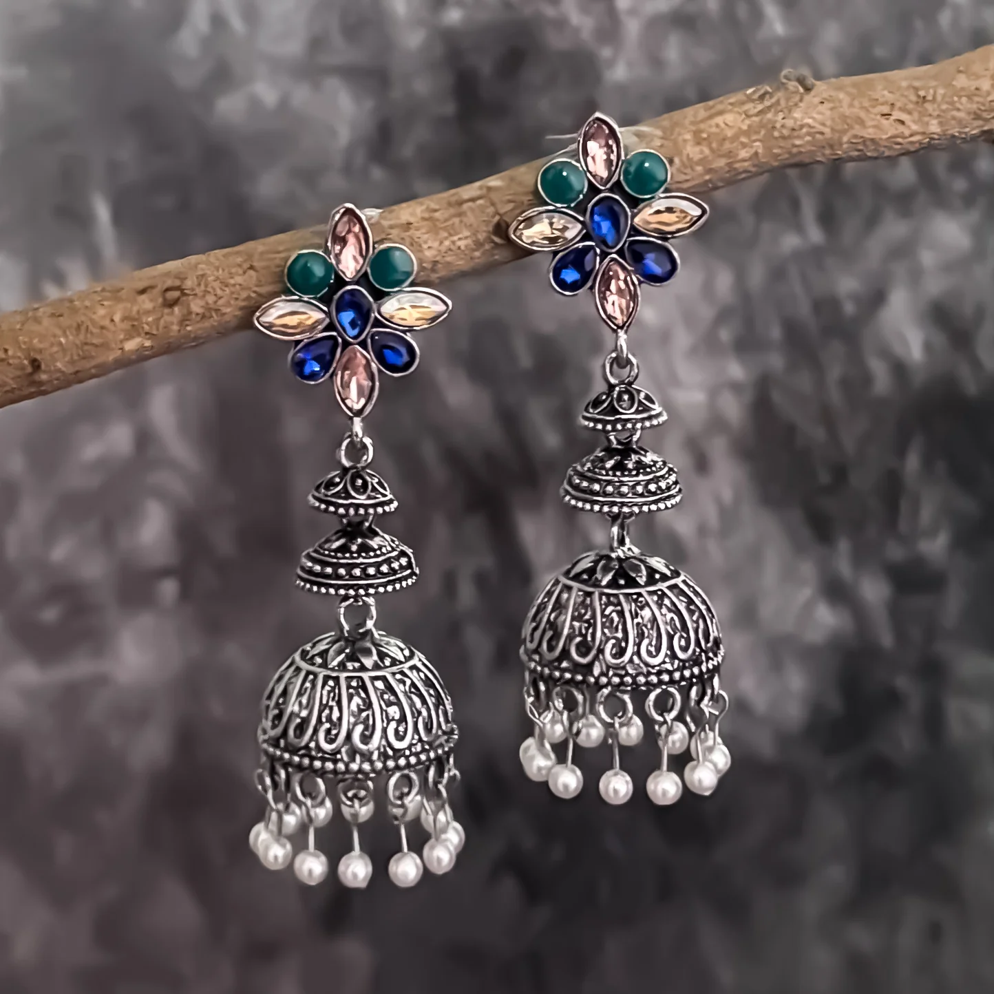 Dual Stone Studded Silver Brass Jhumka Earrings