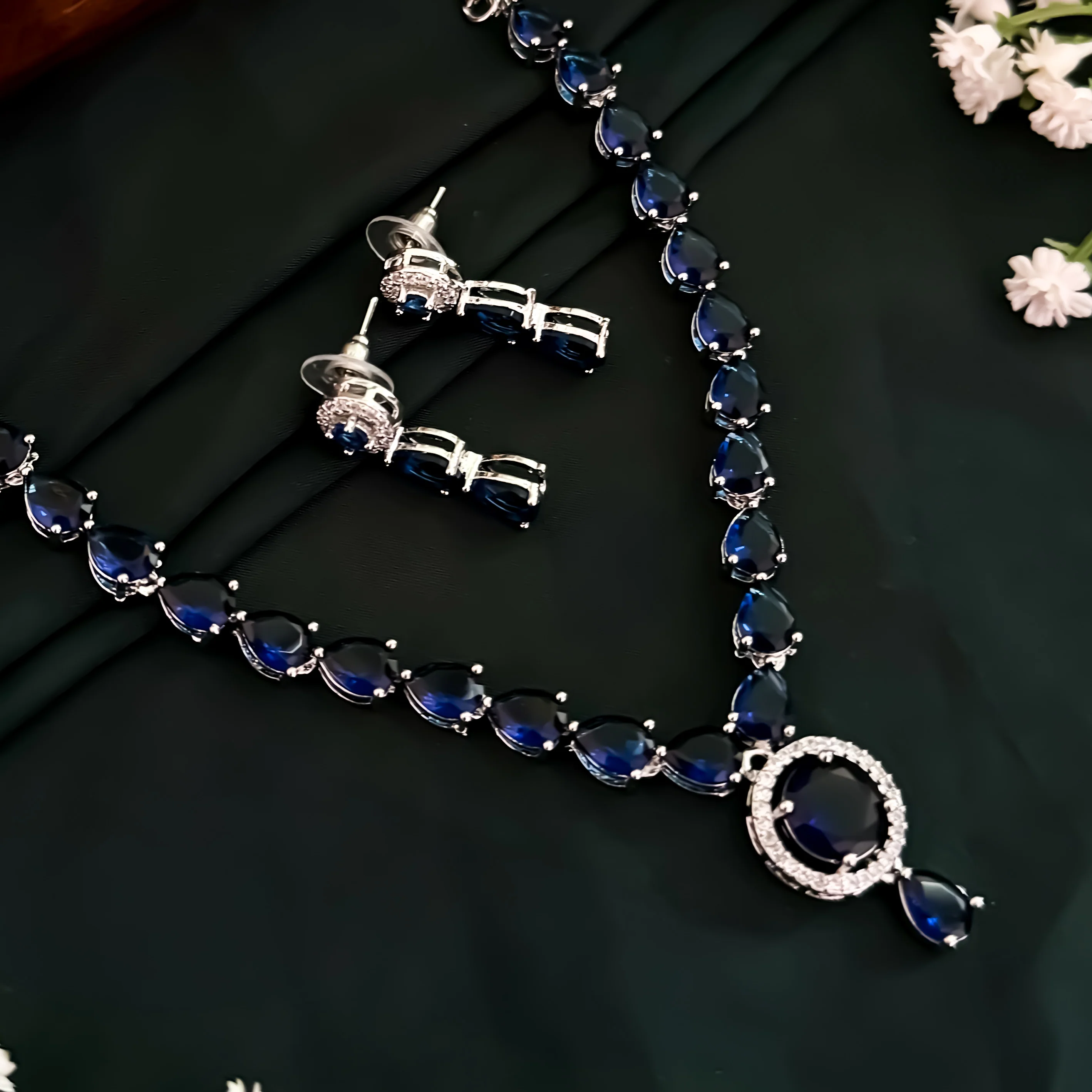 Eloise American Diamond Necklace Set- Royal Blue - Image 8