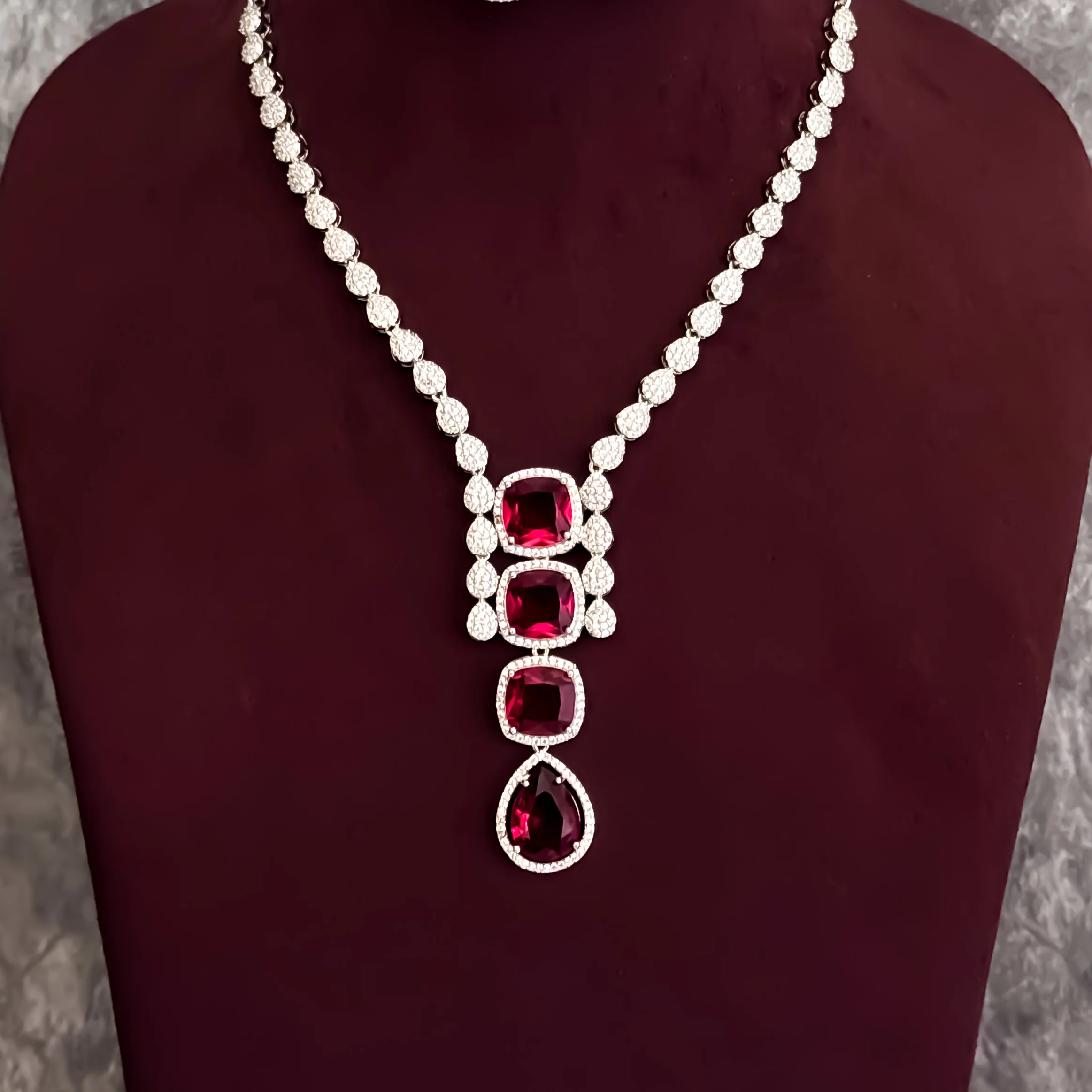 Emily Designer AD Necklace Set- Ruby Red - Image 3
