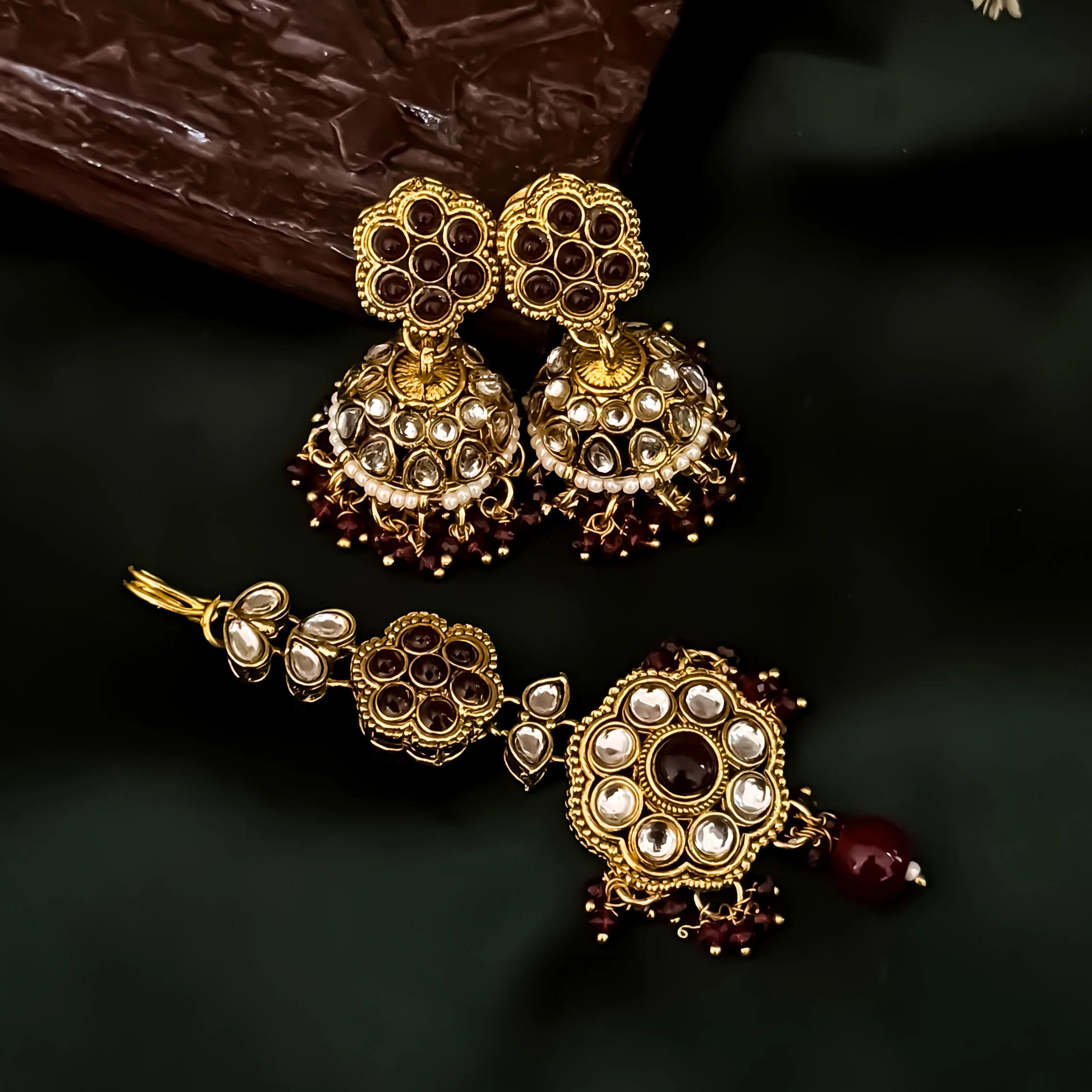 Etika Premium Kundan Necklace Set - Maroon - Image 5