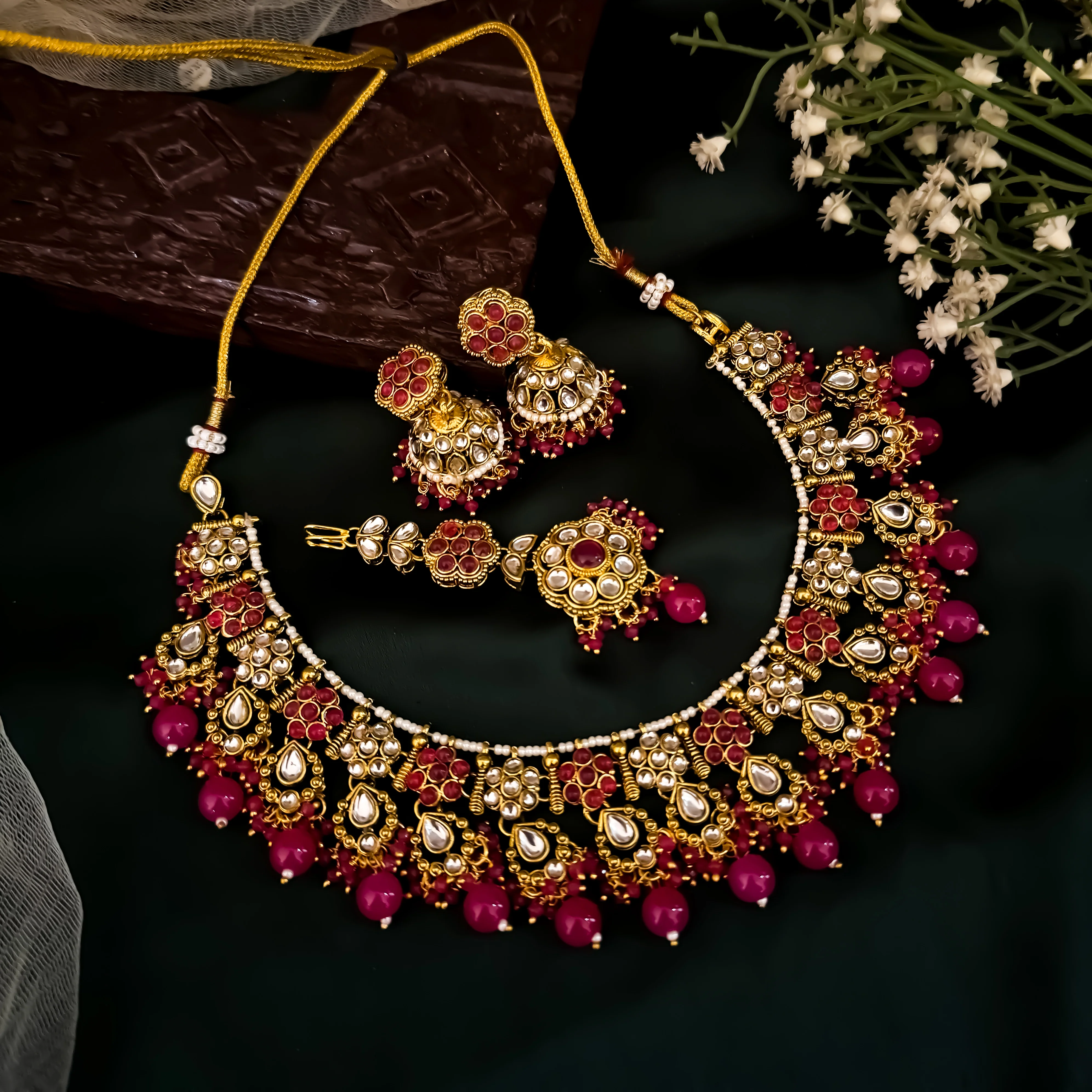 Etika Premium Kundan Necklace Set - Pink - Image 2