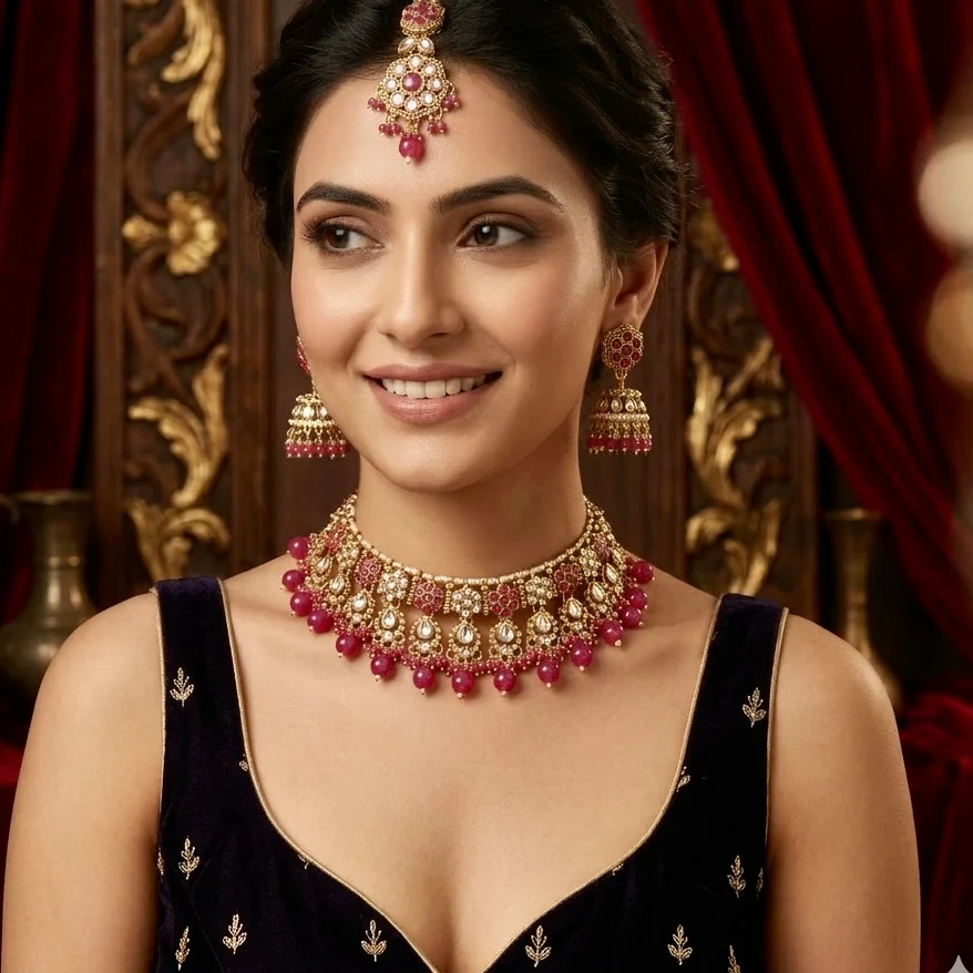 Etika Premium Kundan Necklace Set - Pink - Image 4
