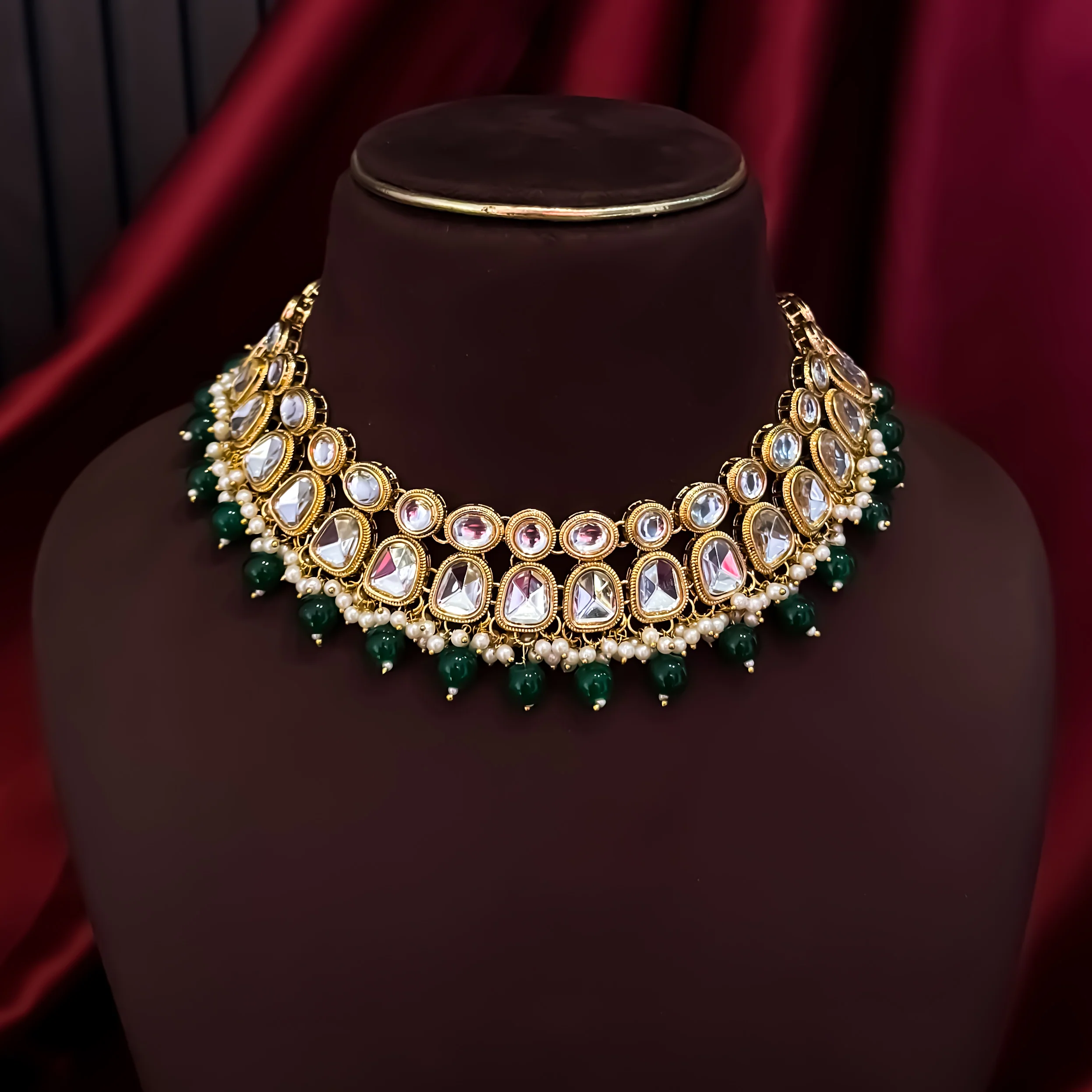 Reeti Kundan Pearl Necklace Set - Green - Image 2