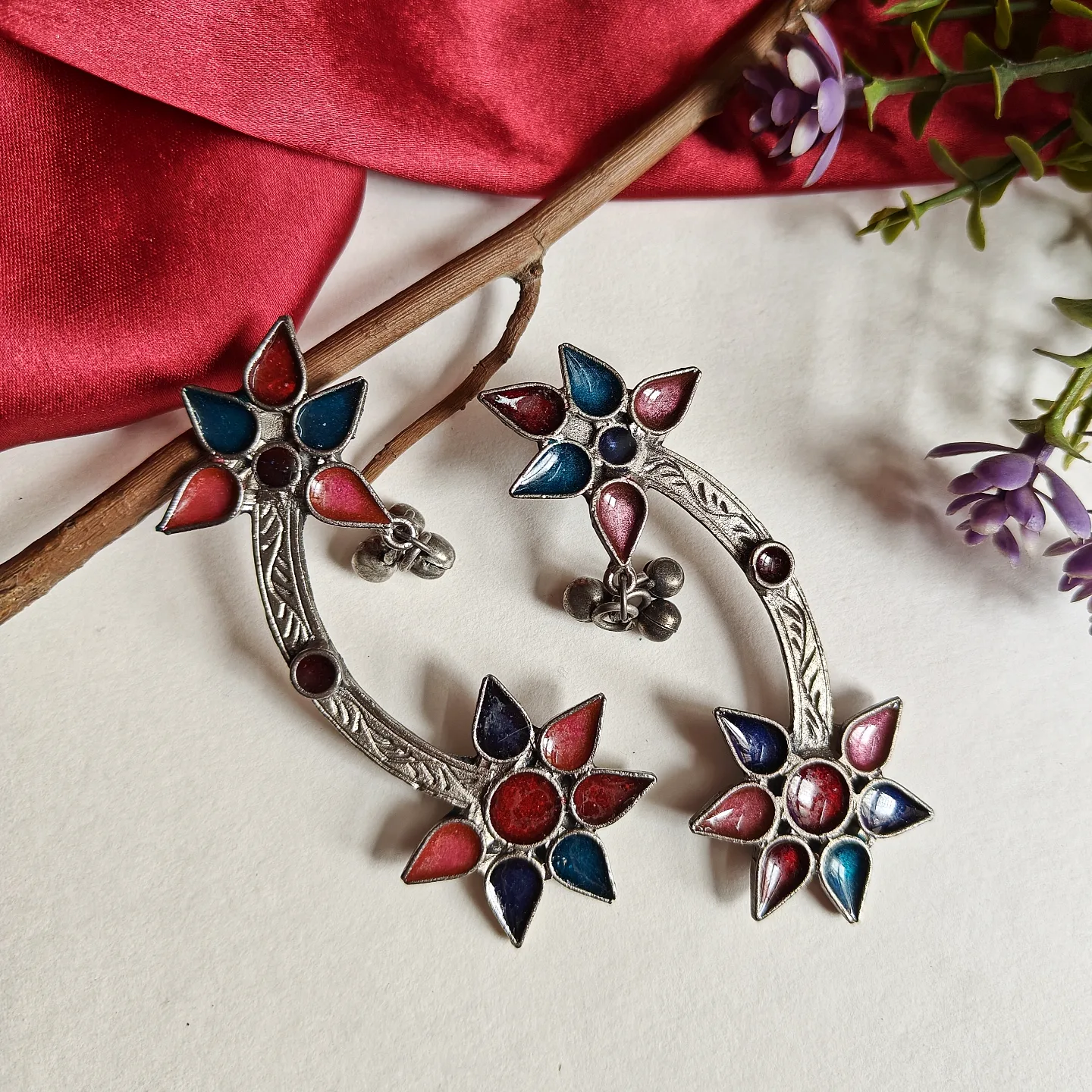 Floral Silver Cuff Drop Earrings - Image 2