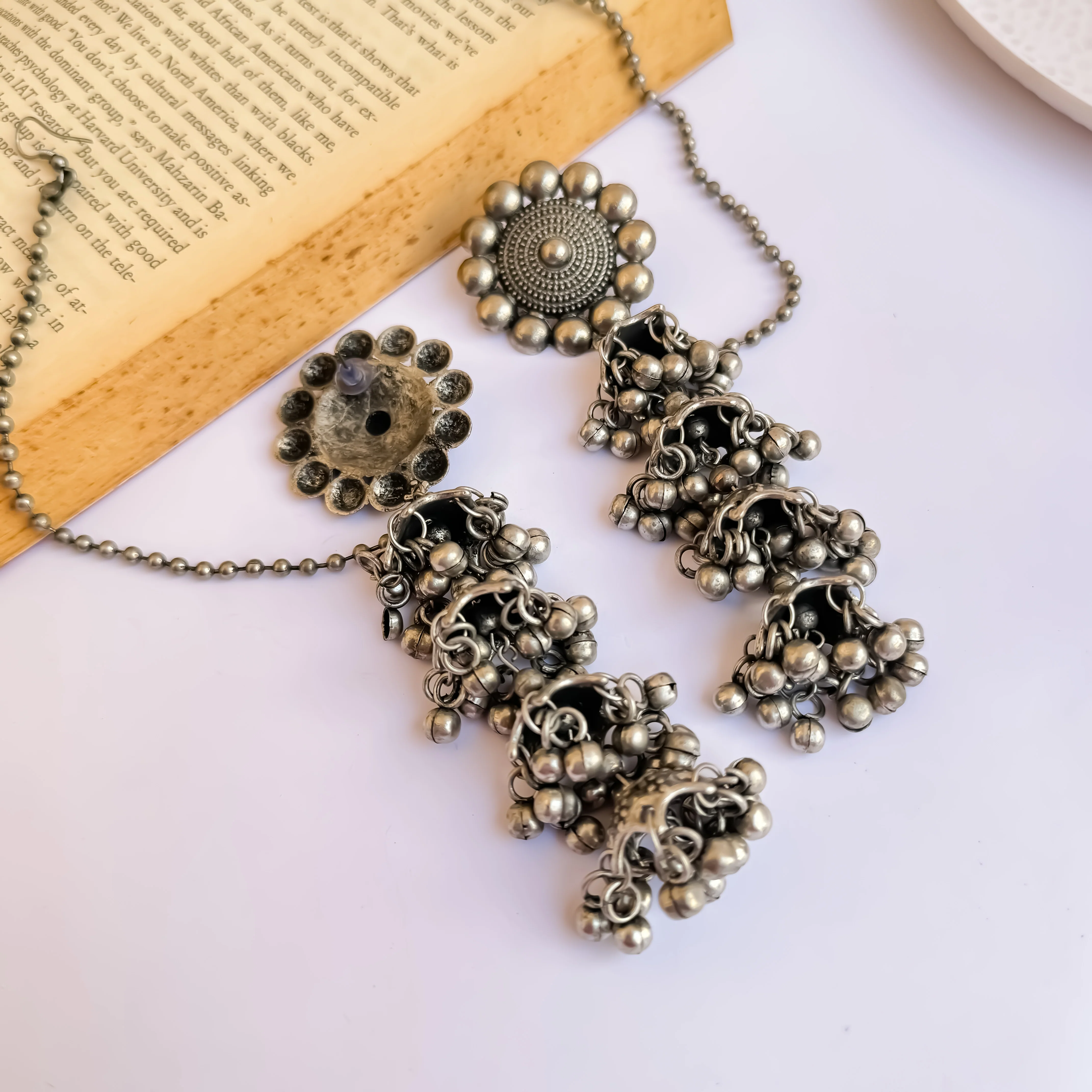 Ghunghroo Jhumka Silver Oxidised Earrings with Earchains - Image 3