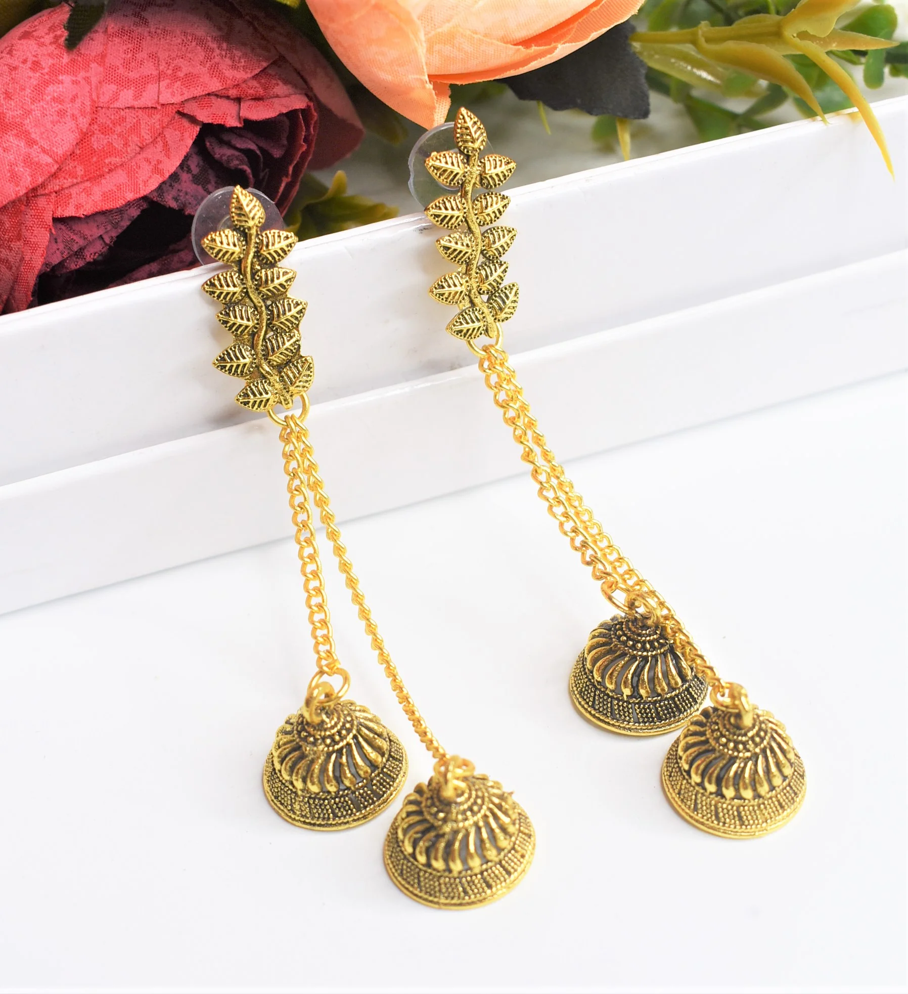 Golden Oxidised Double Jhumka Earrings - Image 4