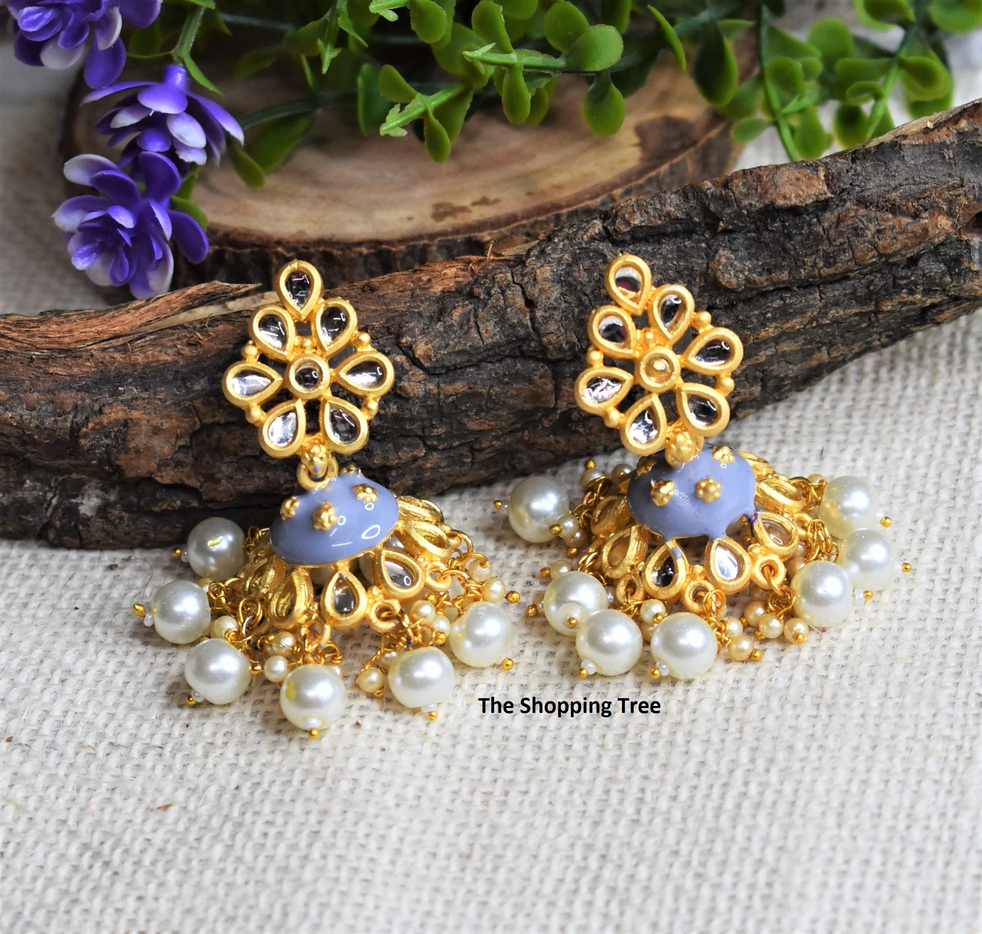 Grey Meenakari Umbrella Jhumka Earrings - Image 2