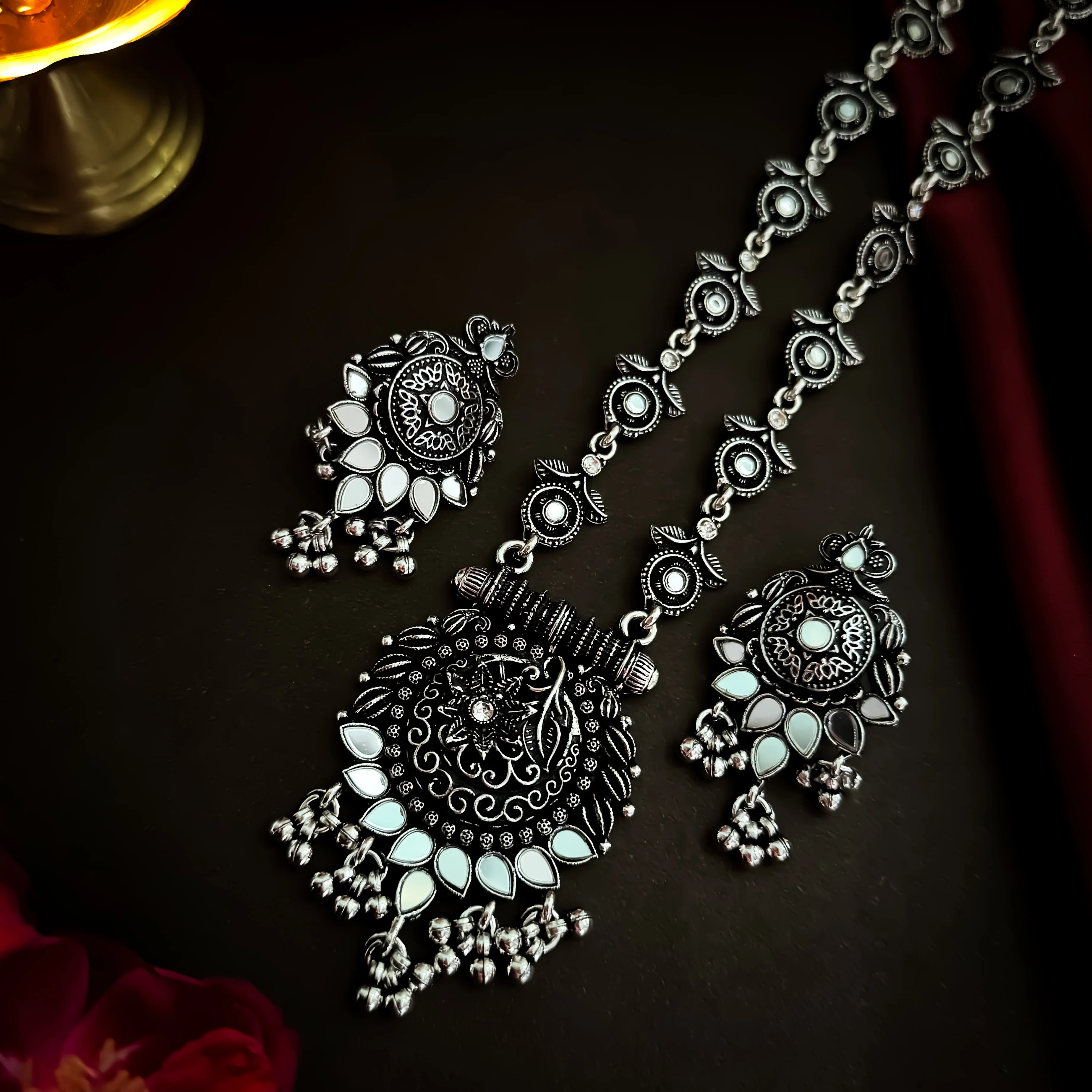 Gulaba Mirror Long Oxidised Necklace Set - Image 4