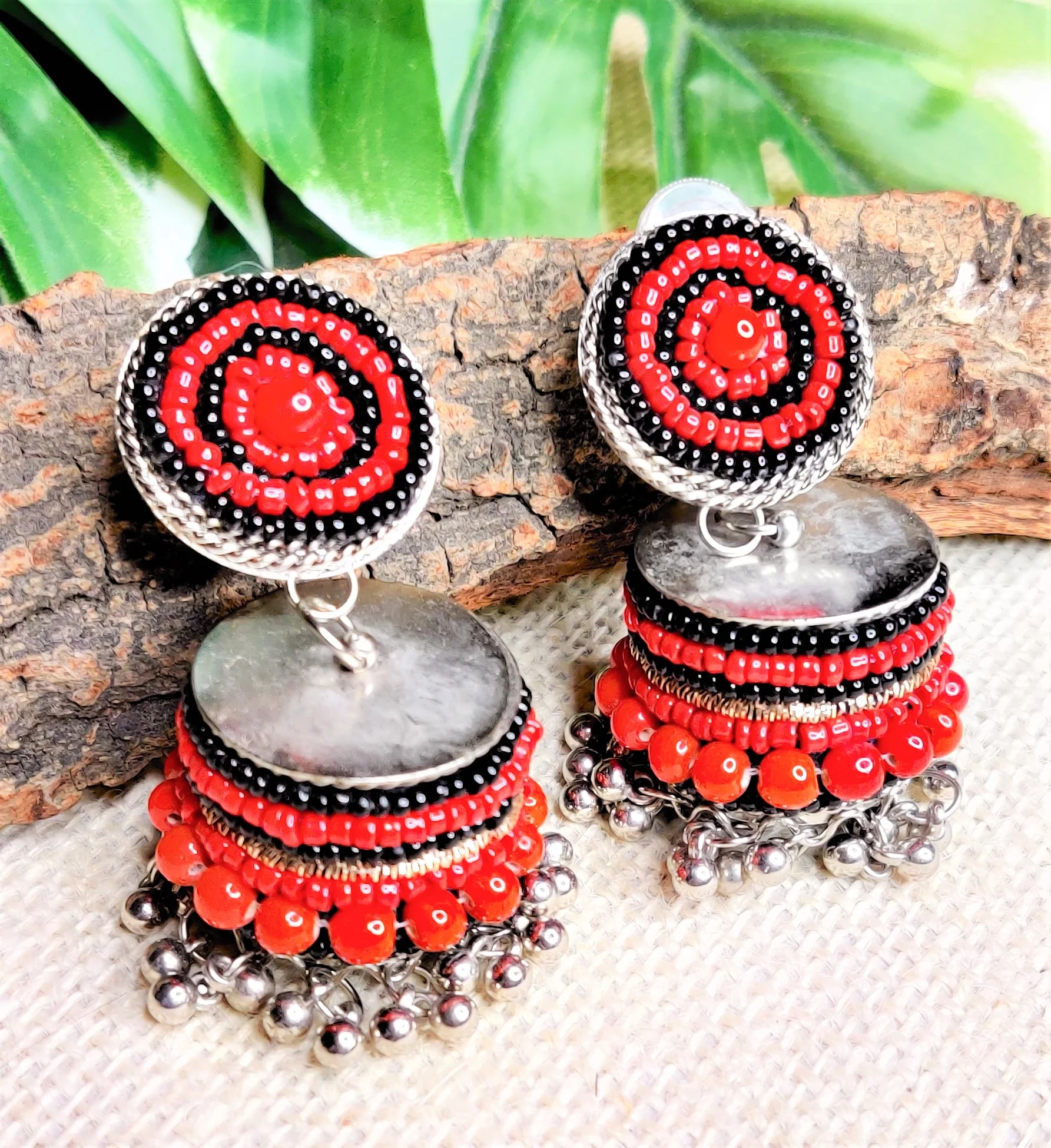 Pearl Beads Oxidised Jhumka Earring - Image 3