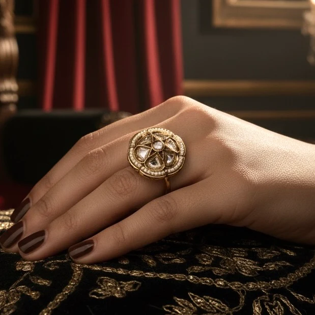 Hansika Dabi Kundan Adjustable Golden Ring - Image 4