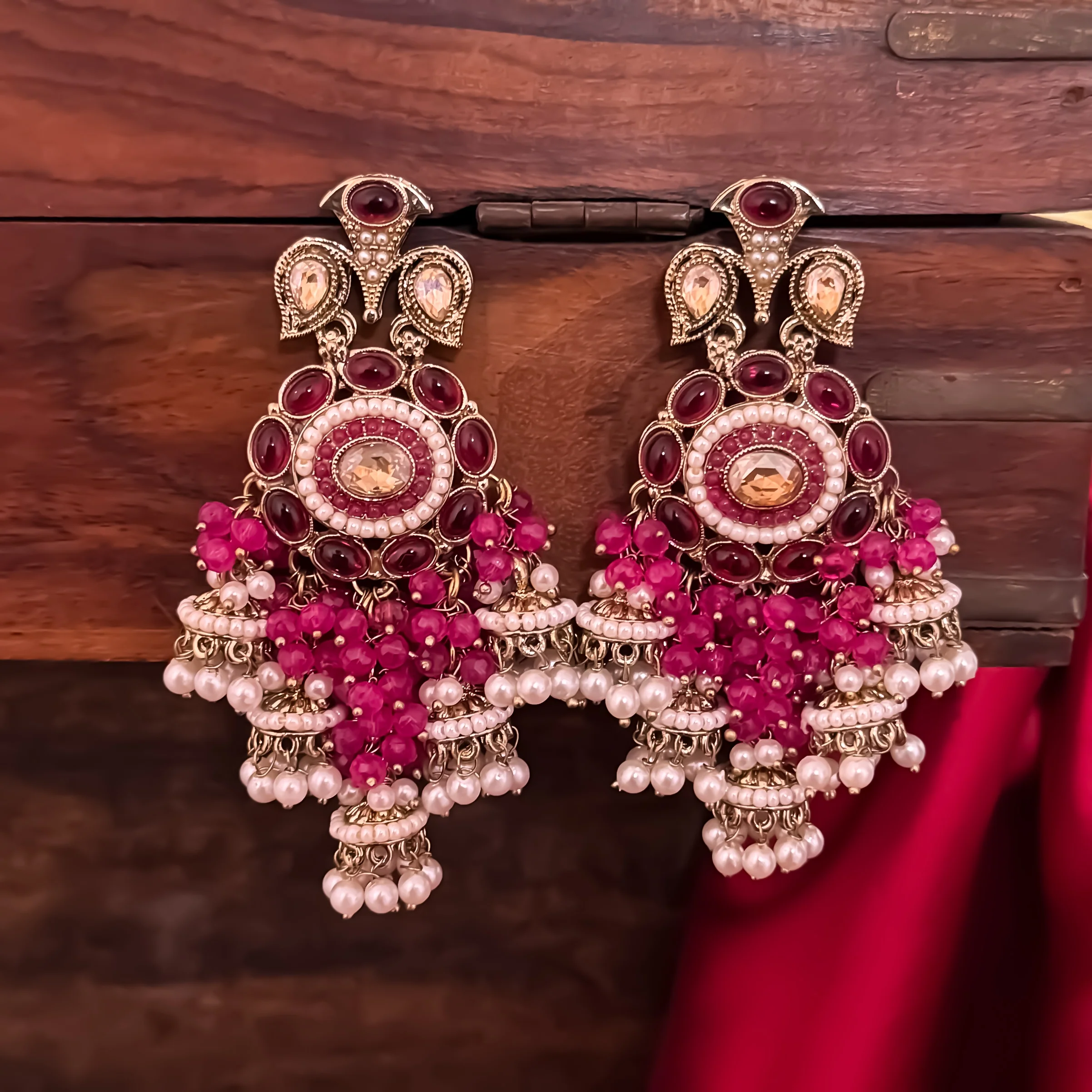 Heer Pearl Jhumka Chandbali Earrings - Magenta Pink