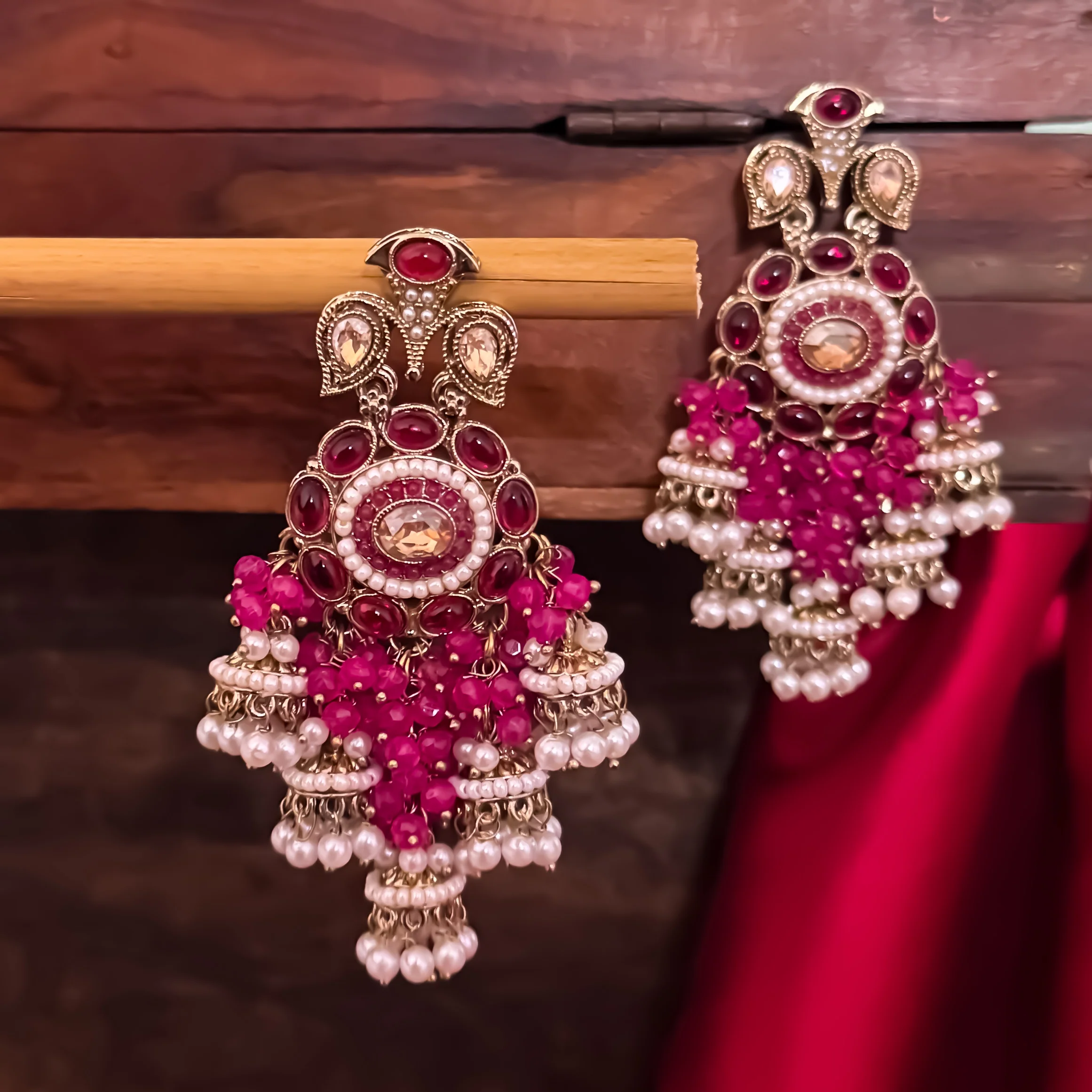 Heer Pearl Jhumka Chandbali Earrings - Magenta Pink - Image 2