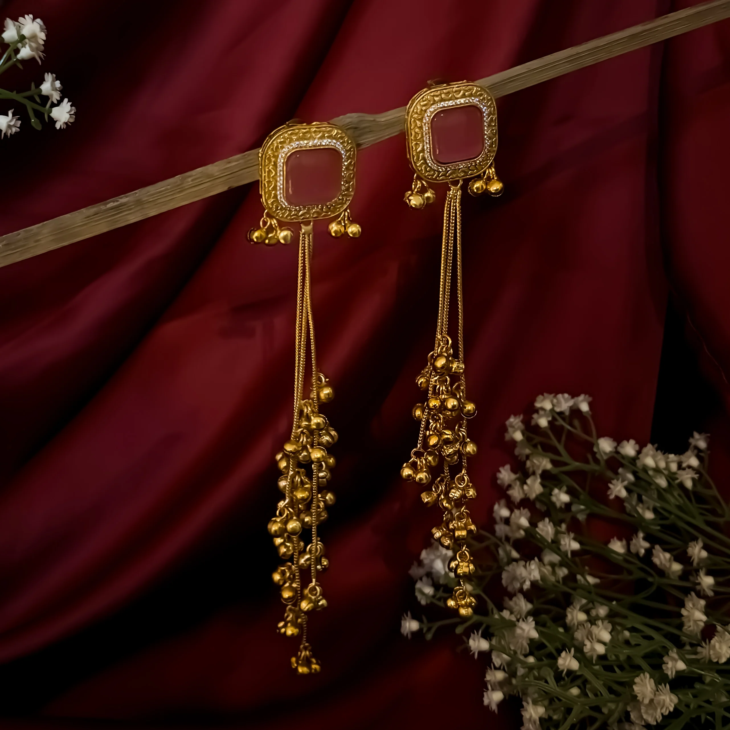 Hitanshi Kashmiri Brass Dejhoor Jhumka Ghungroo Earrings - Pastel Pink