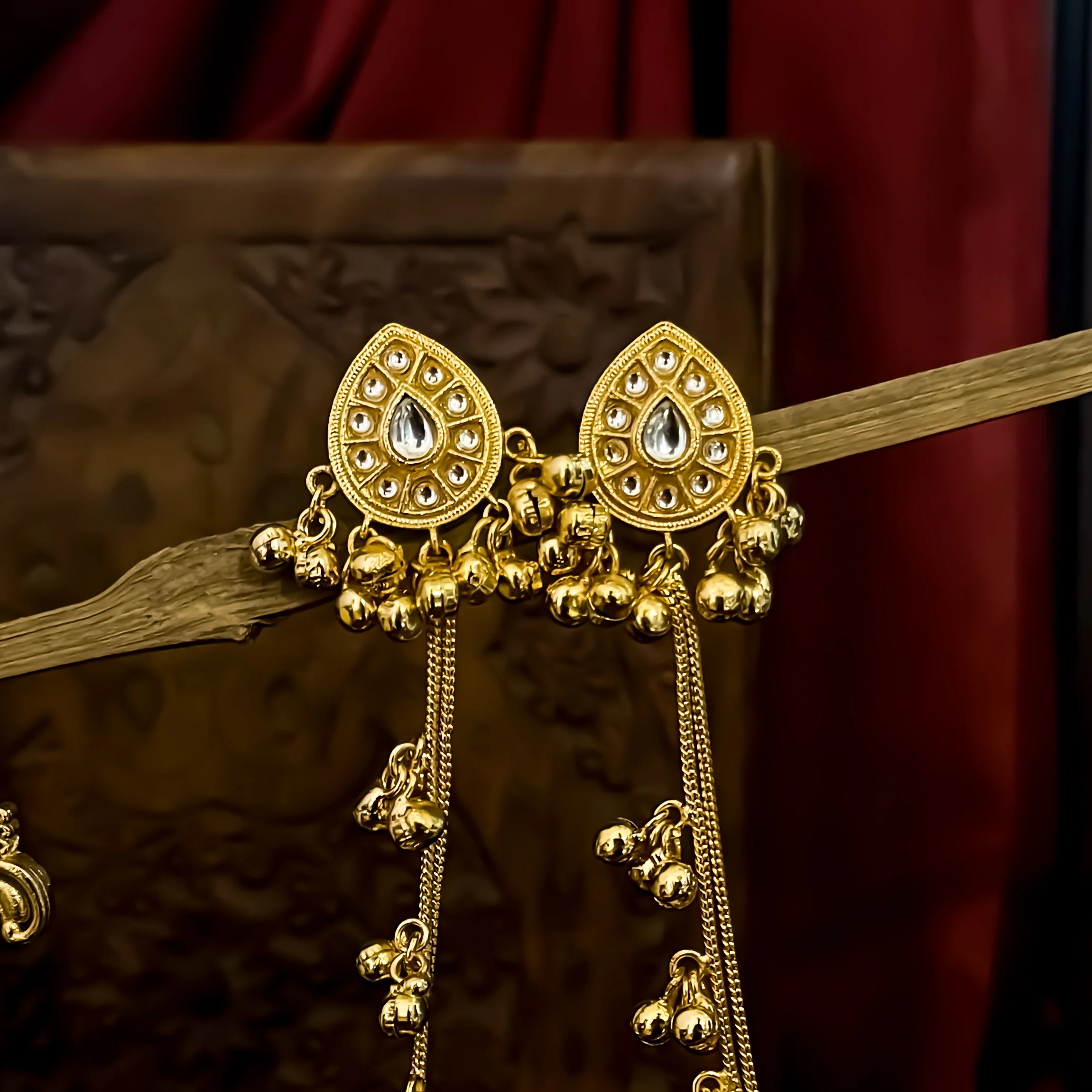 Husna Premium Kashmiri Brass Ghungroo Earrings with Sahara/Earchains - Golden - Image 2