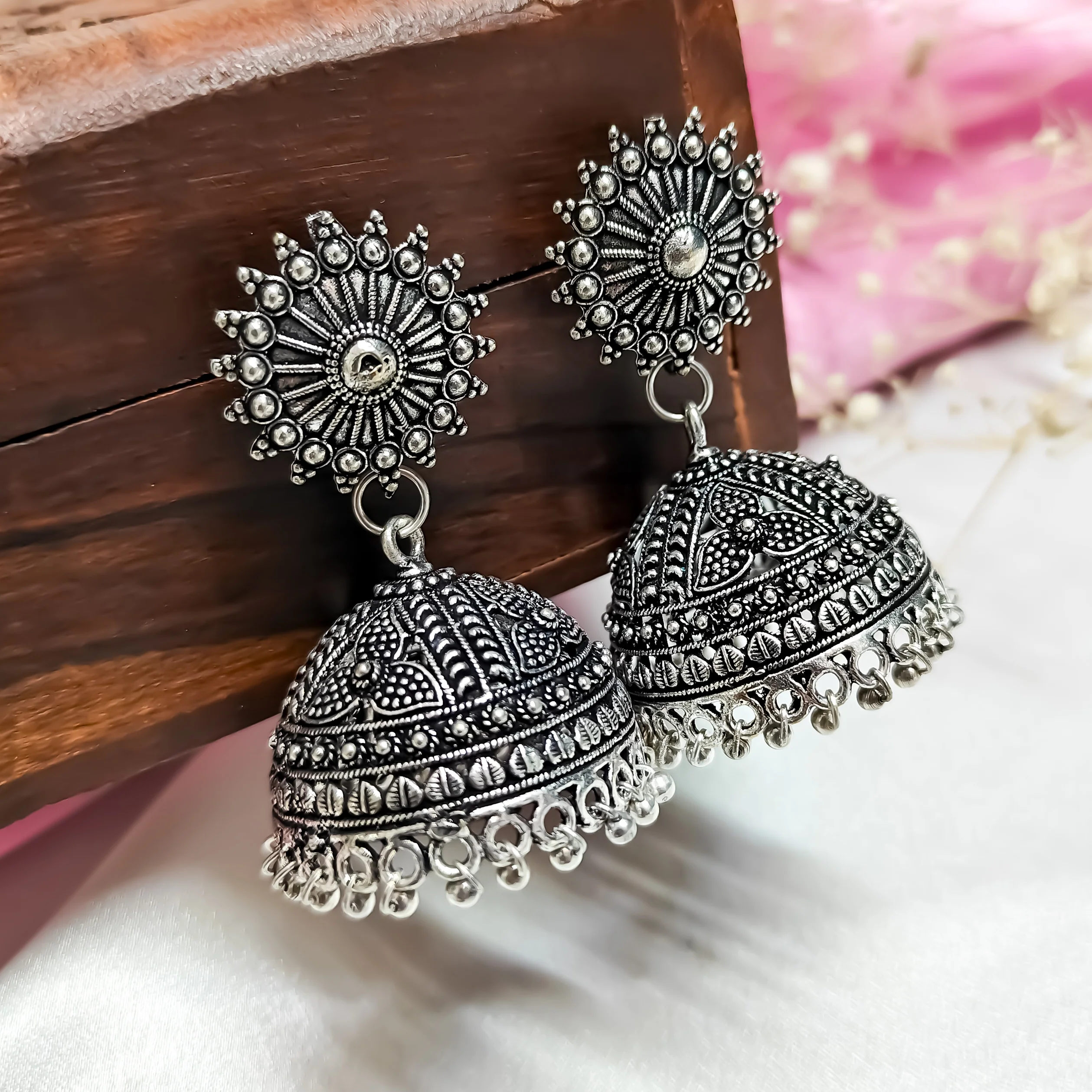 Sun Chakra Oxidised Silver Jhumka Earrings - Image 3