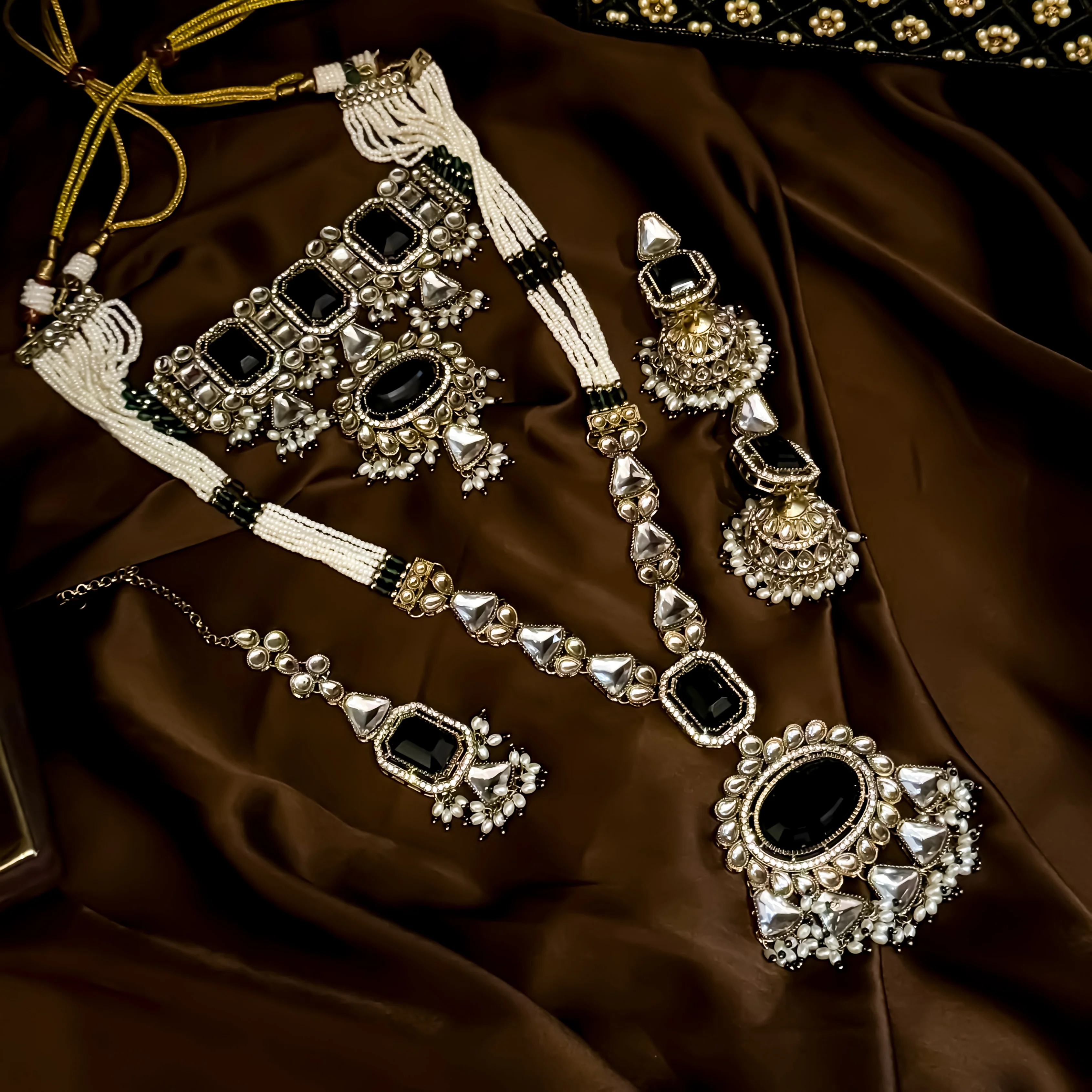 Israni Premium Kundan Long & Short Necklace Set - Green - Image 2