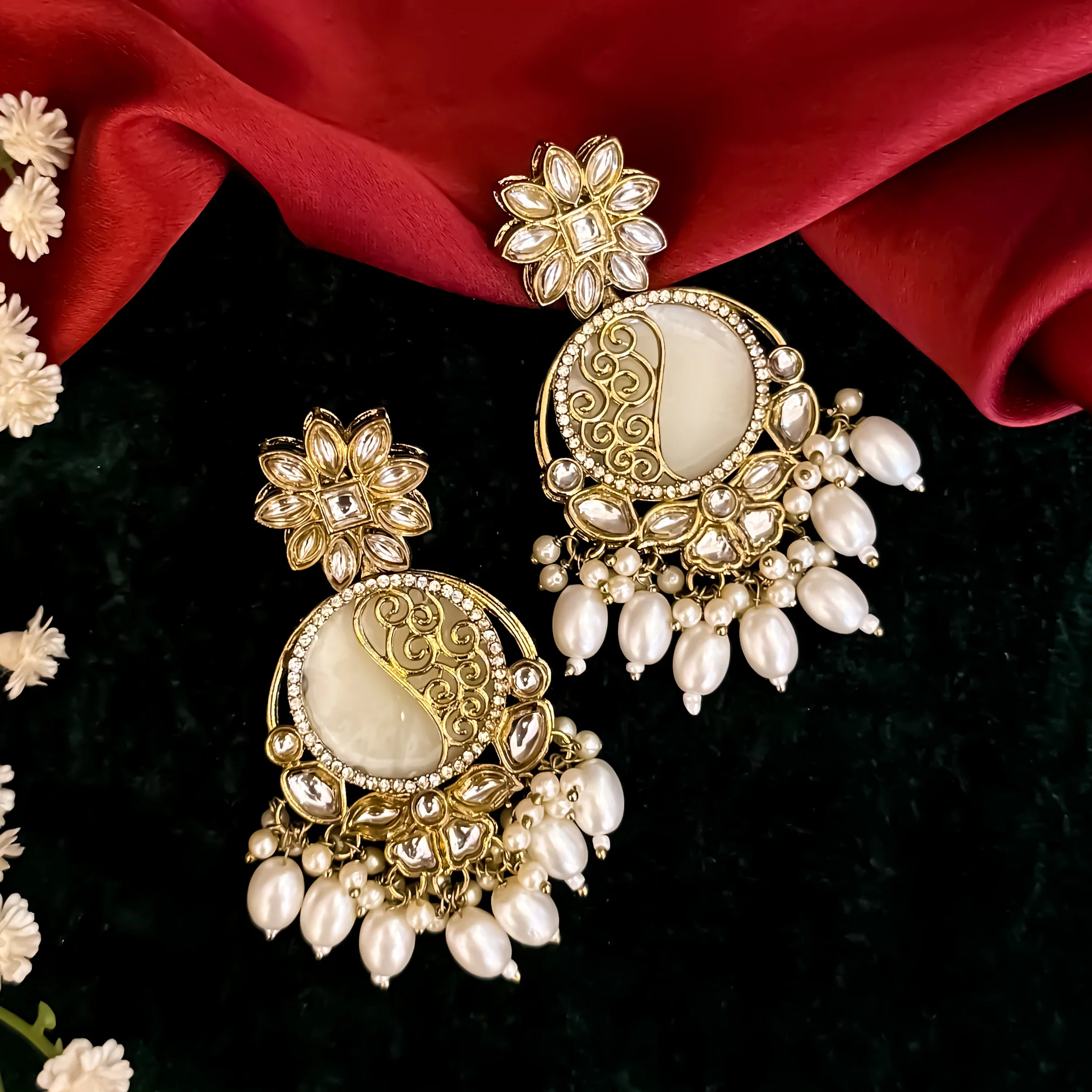 Ishika Premium Cutwork MOP Premium Chandbali Earrings - Golden - Image 4