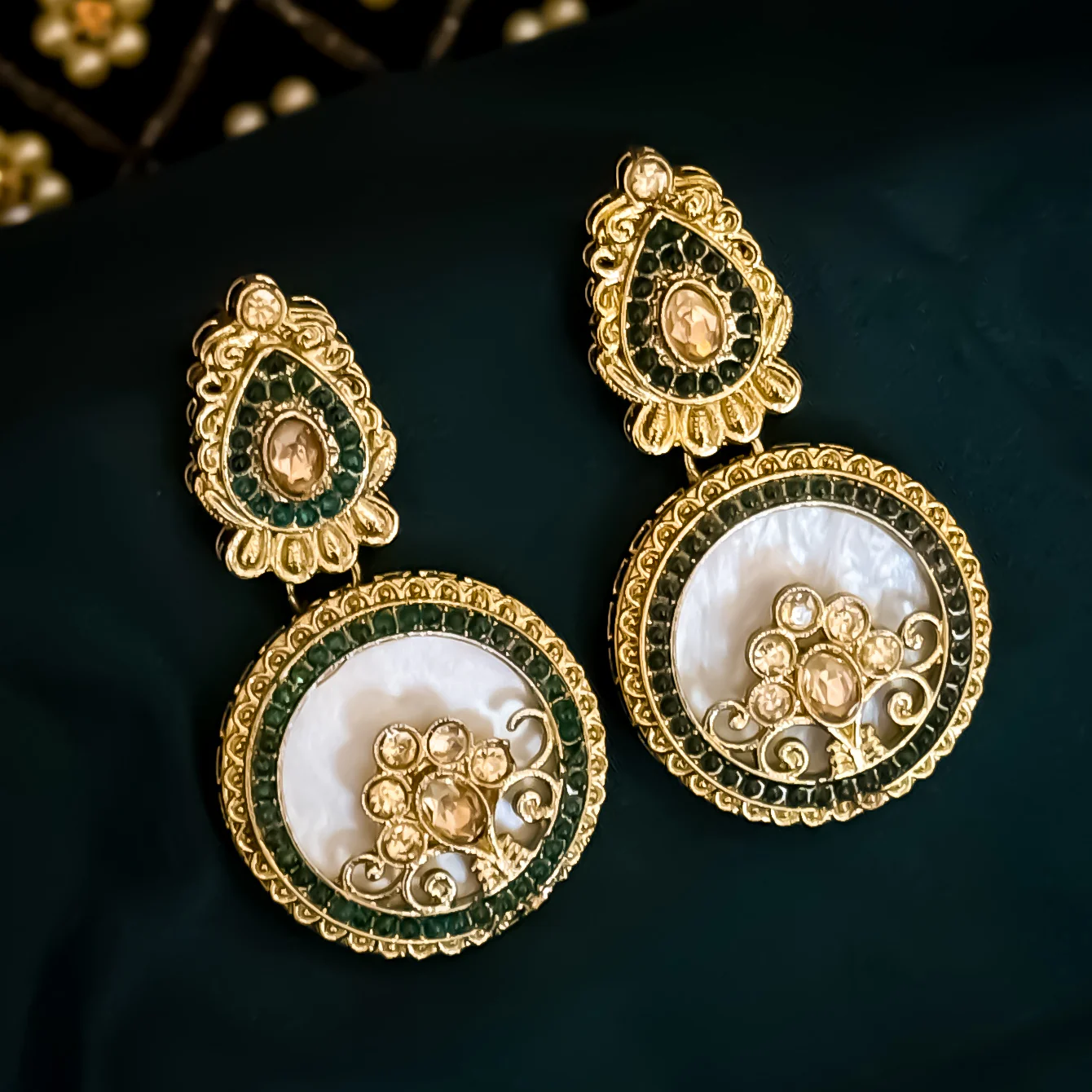 Itika Jadau MOP Chandbali Earrings - Green