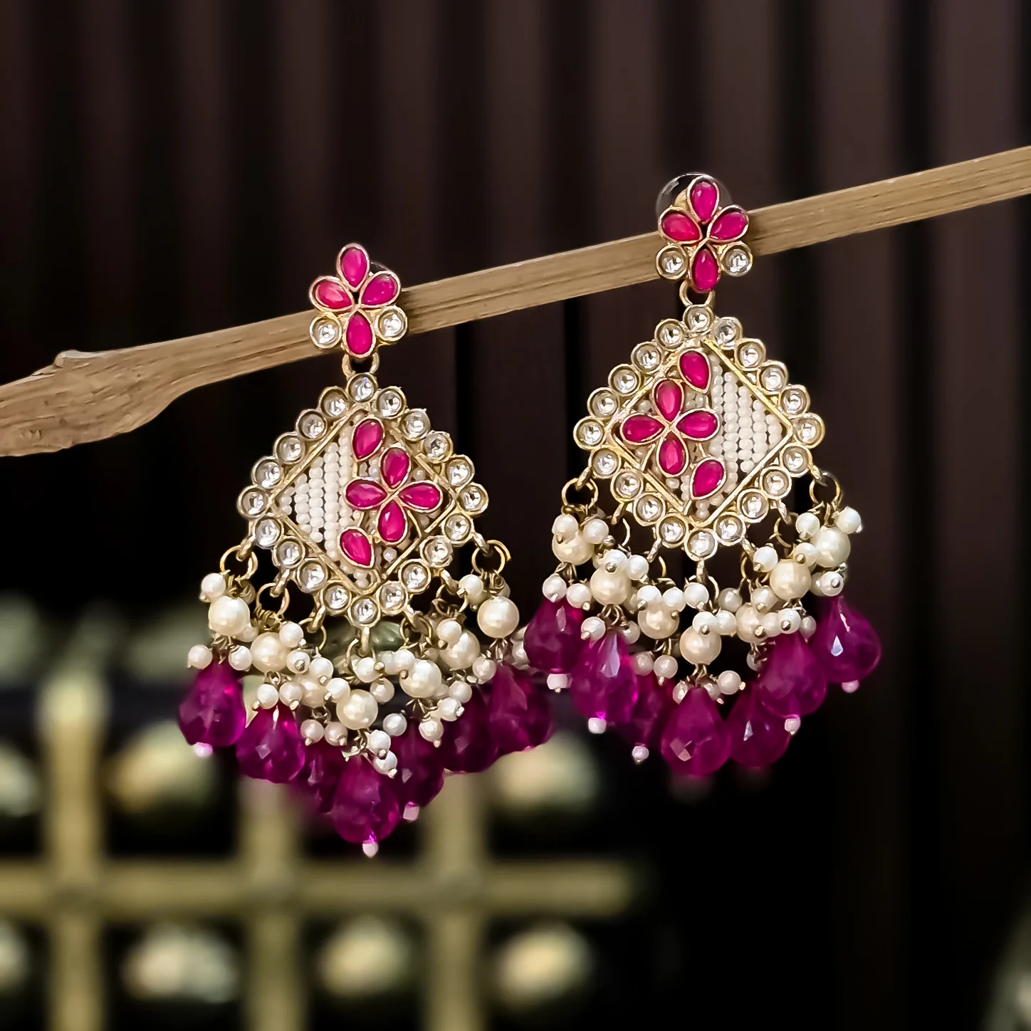 Jayati Kundan Pearl Earrings - Hot Pink