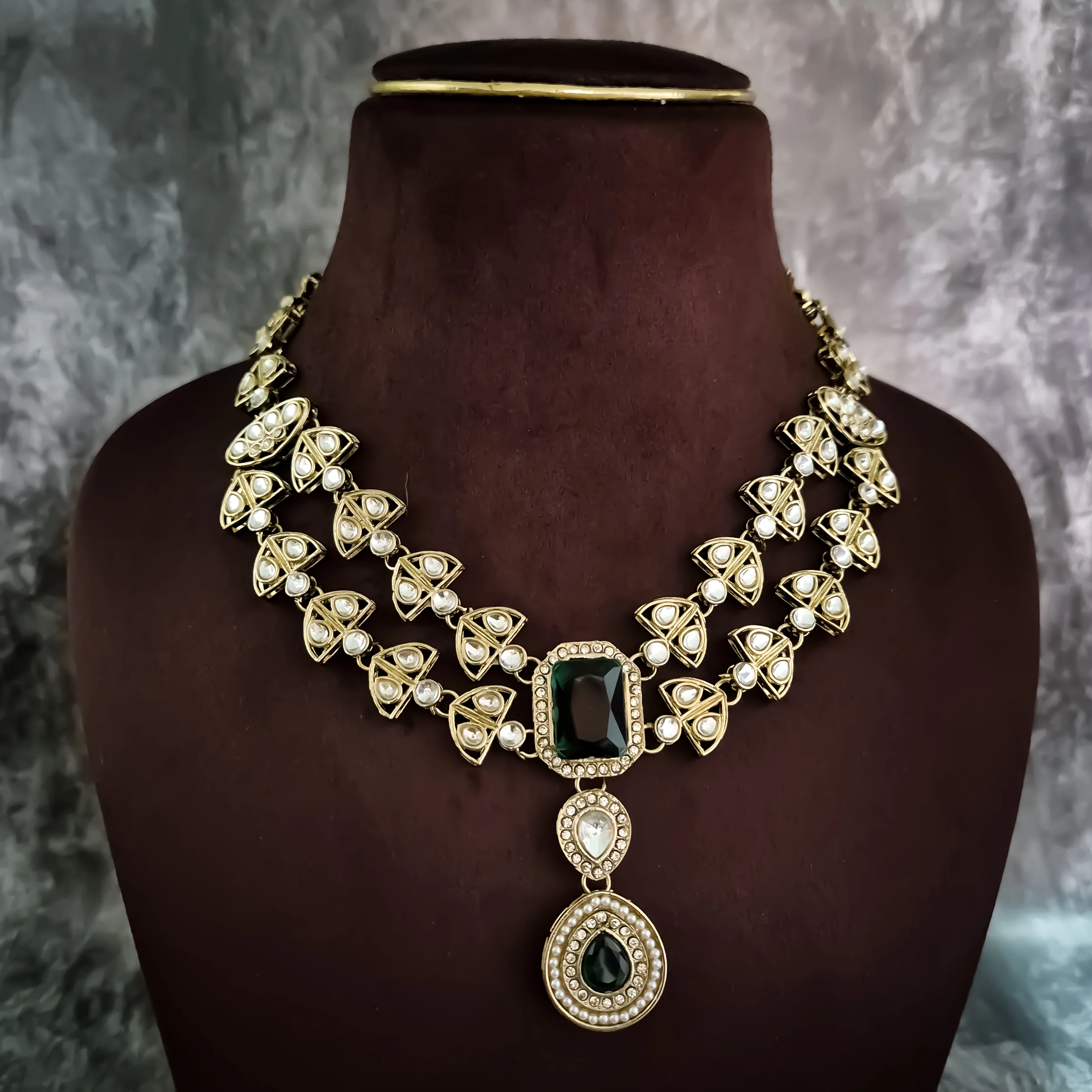 Jennifer Double Layer AD Necklace Set - Green - Image 3