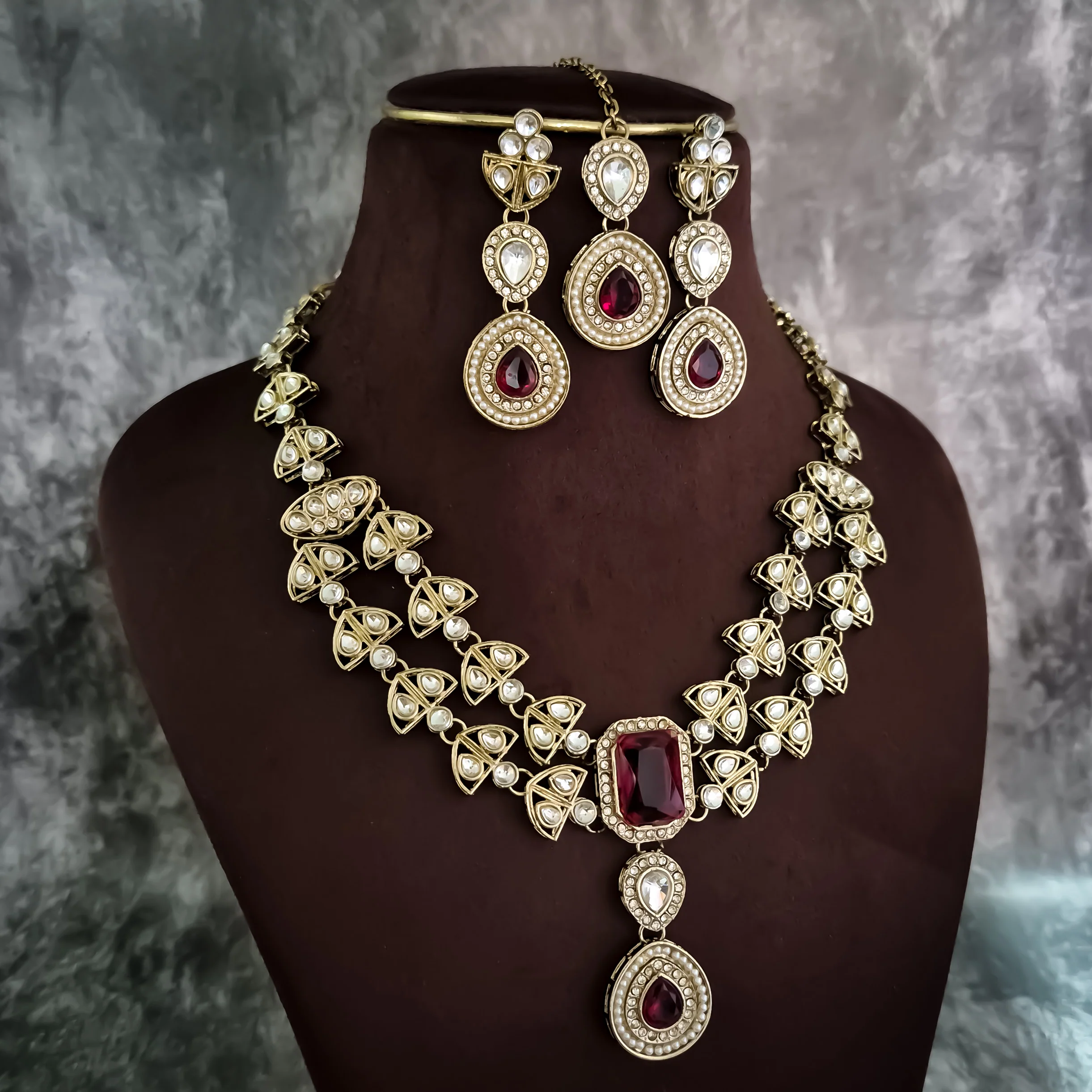 Jennifer Double Layer AD Necklace Set - Maroon - Image 2