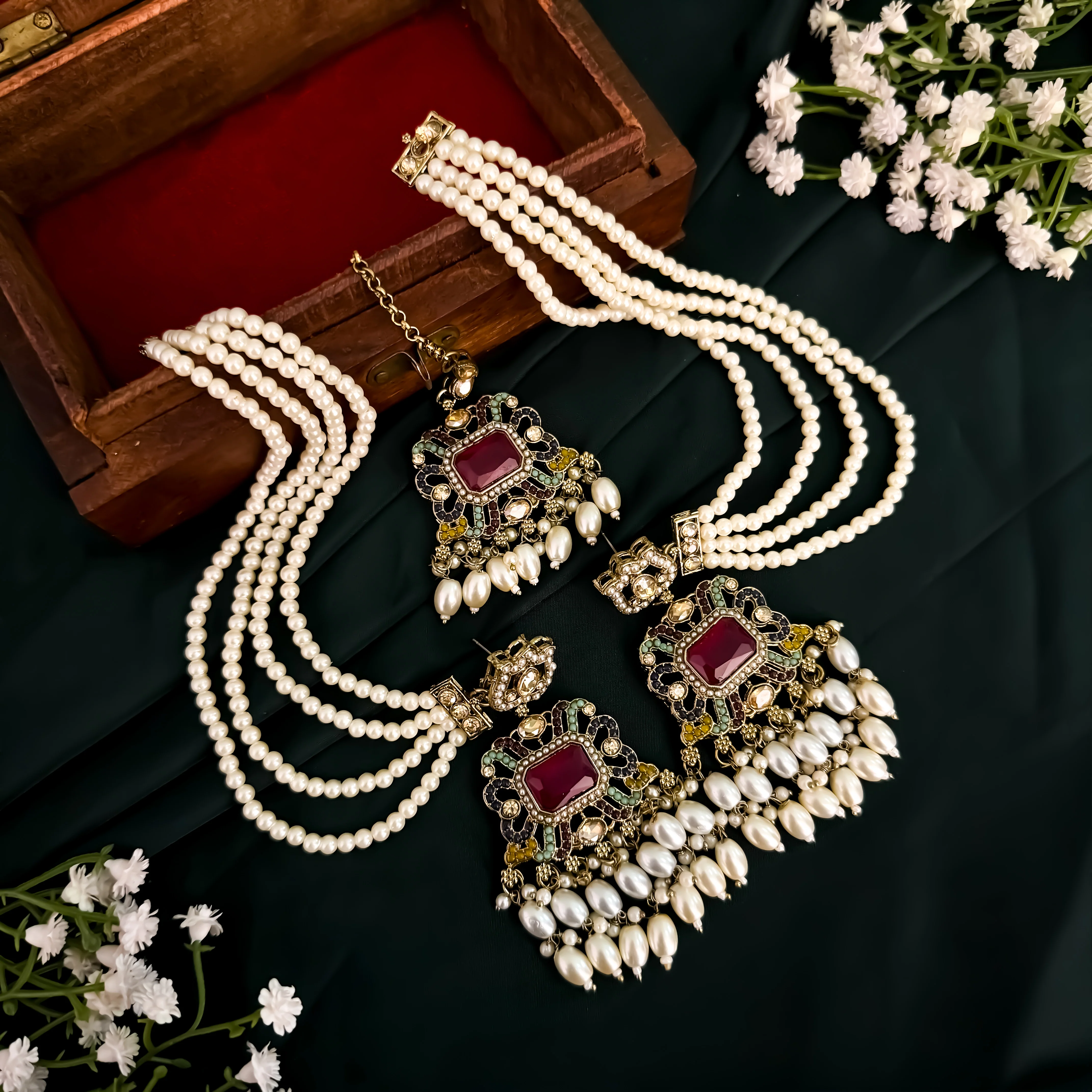 Jodha Jadau Reverse AD Necklace Set with Sahara Earrings & Teeka - Multi (𝑮𝒆𝒕 𝑭𝒓𝒆𝒆 𝑰𝒏𝒗𝒊𝒔𝒊𝒃𝒍𝒆 𝑬𝒂𝒓𝒄𝒉𝒂𝒊𝒏) - Image 2