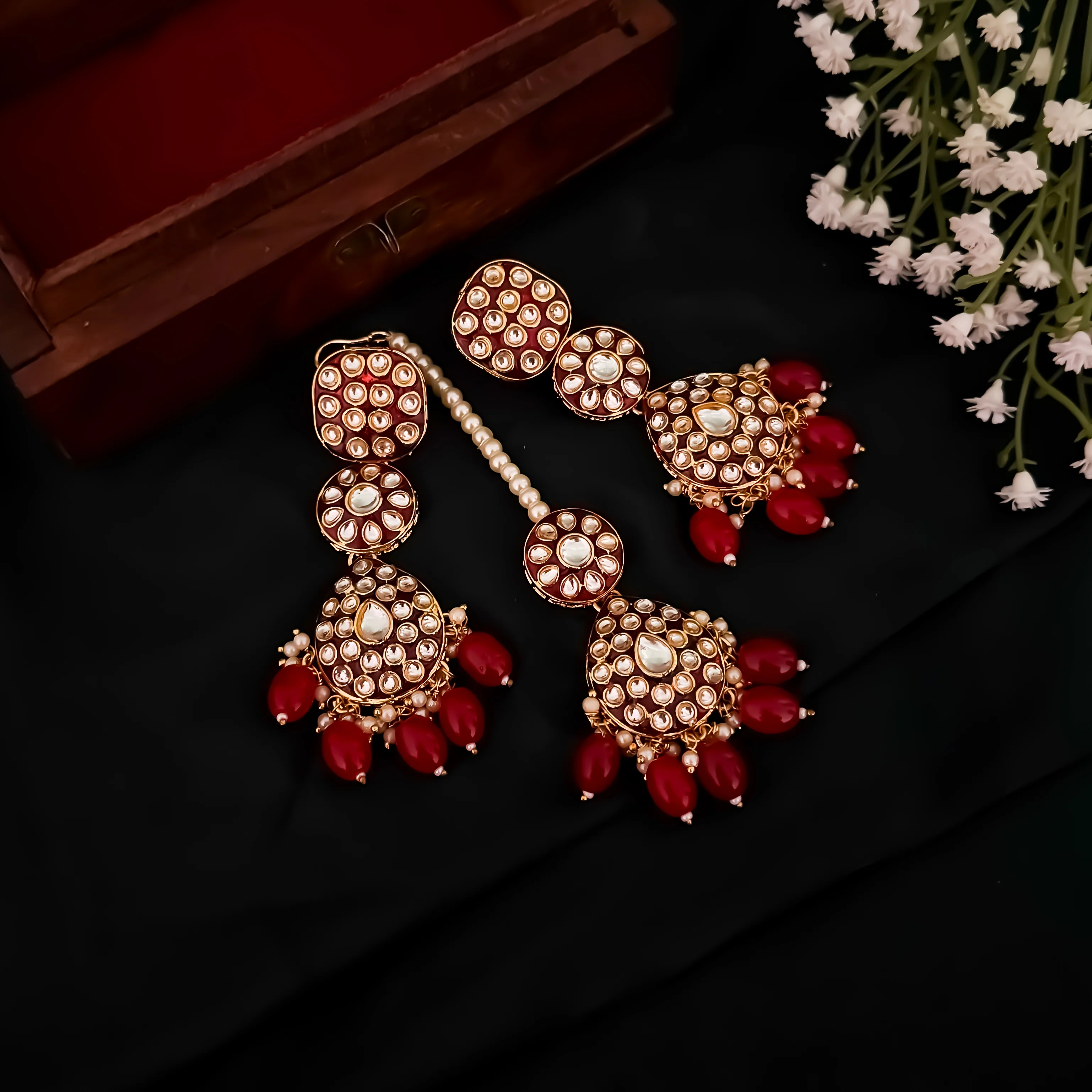 Jubina Meenakari Kundan Long Necklace Set- Maroon - Image 3