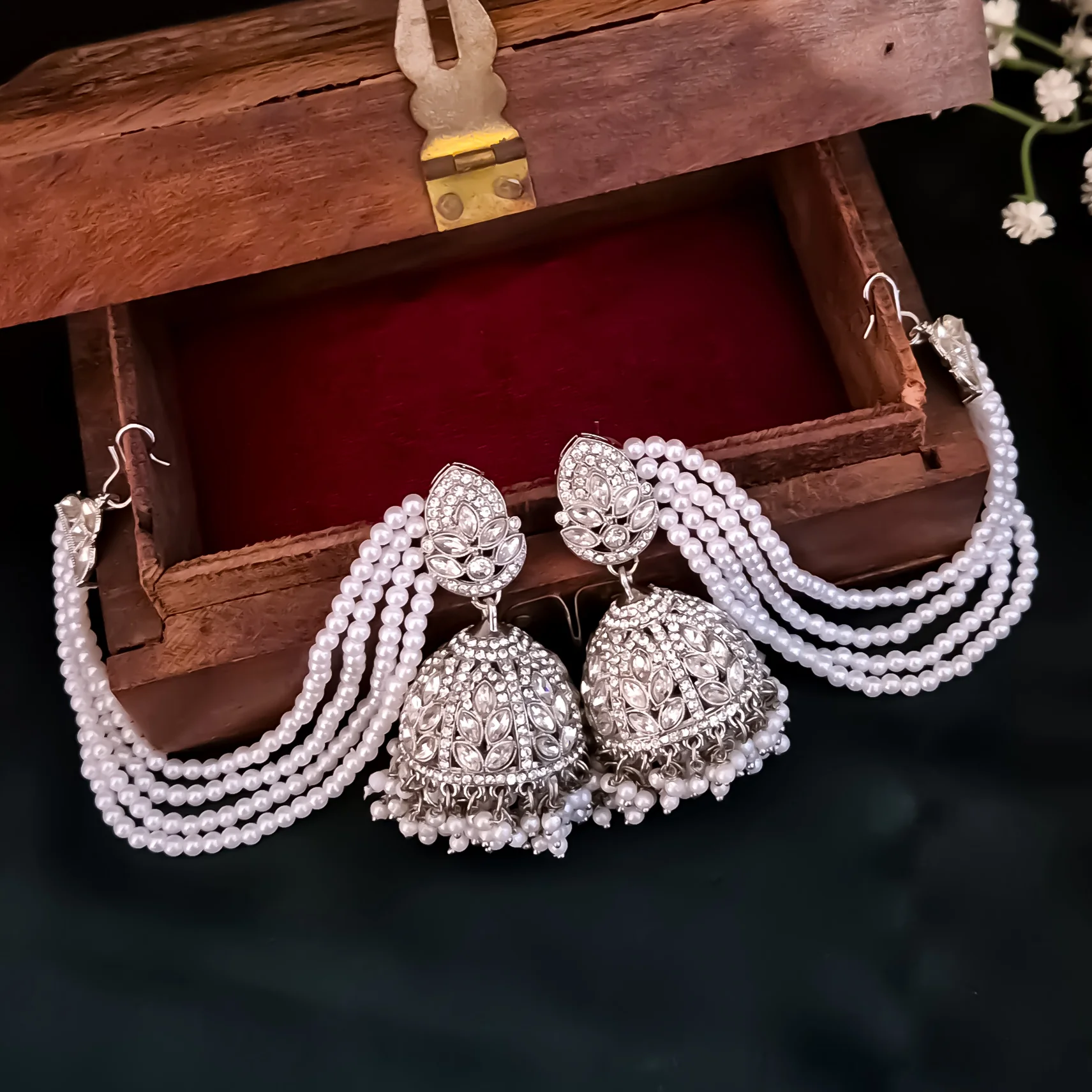 Kareena Rhodium Reverse AD Jhumka Earrings with Earchain - Silver - Image 5