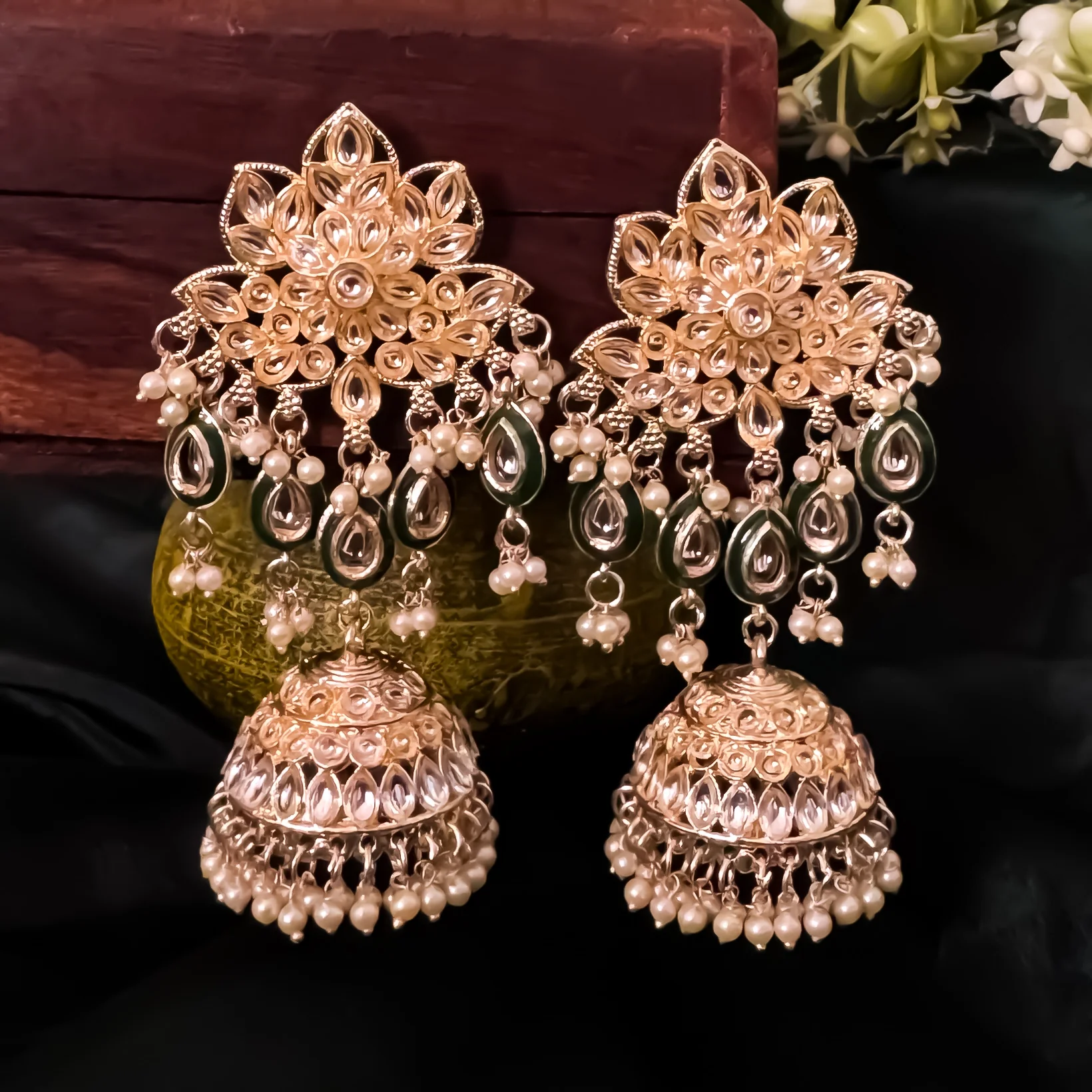 Kasee Kundan Jhumka Earrings - Golden - Image 3