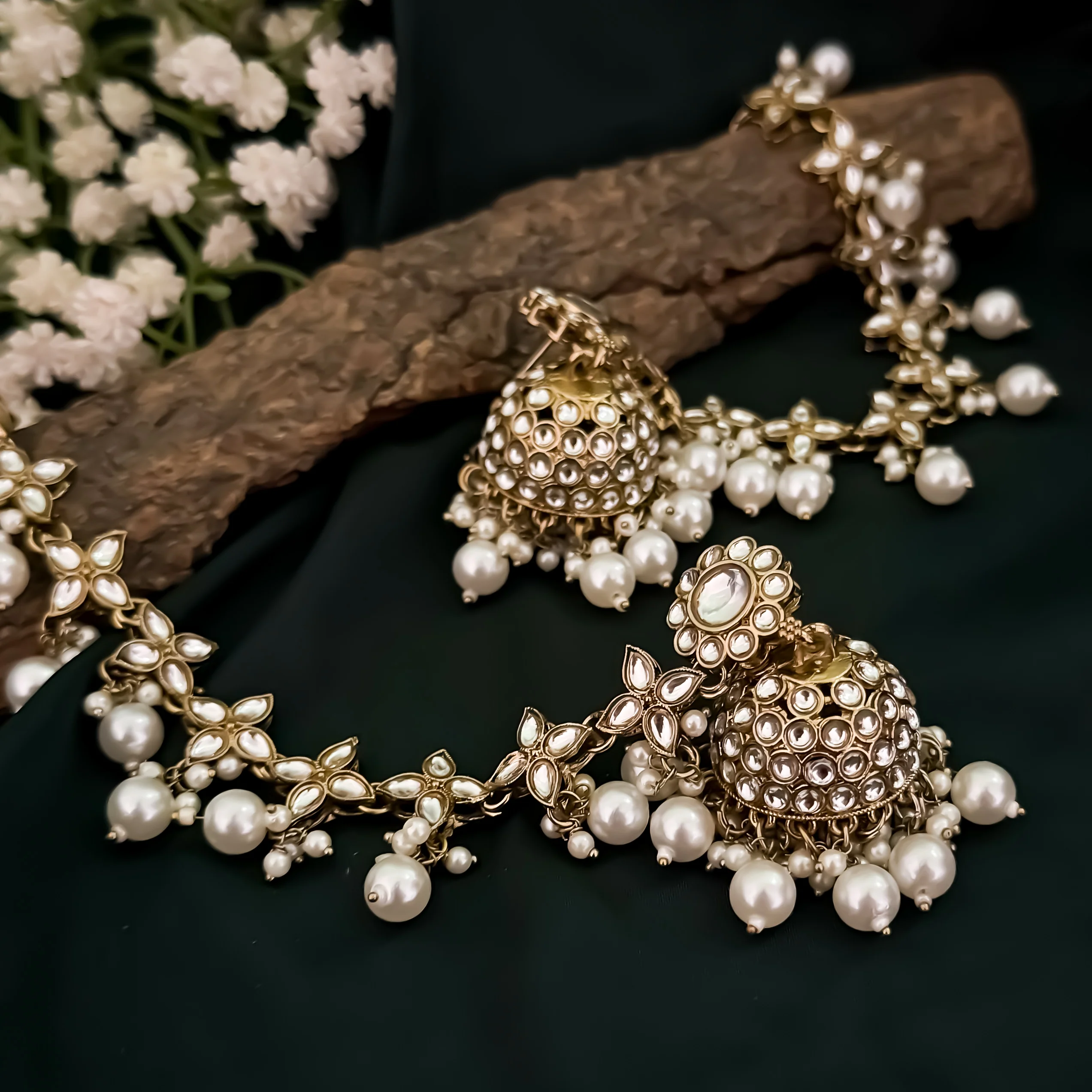 Kashi Kundan Jhumka Earrings with Sahara/Earchains - Golden - Image 7