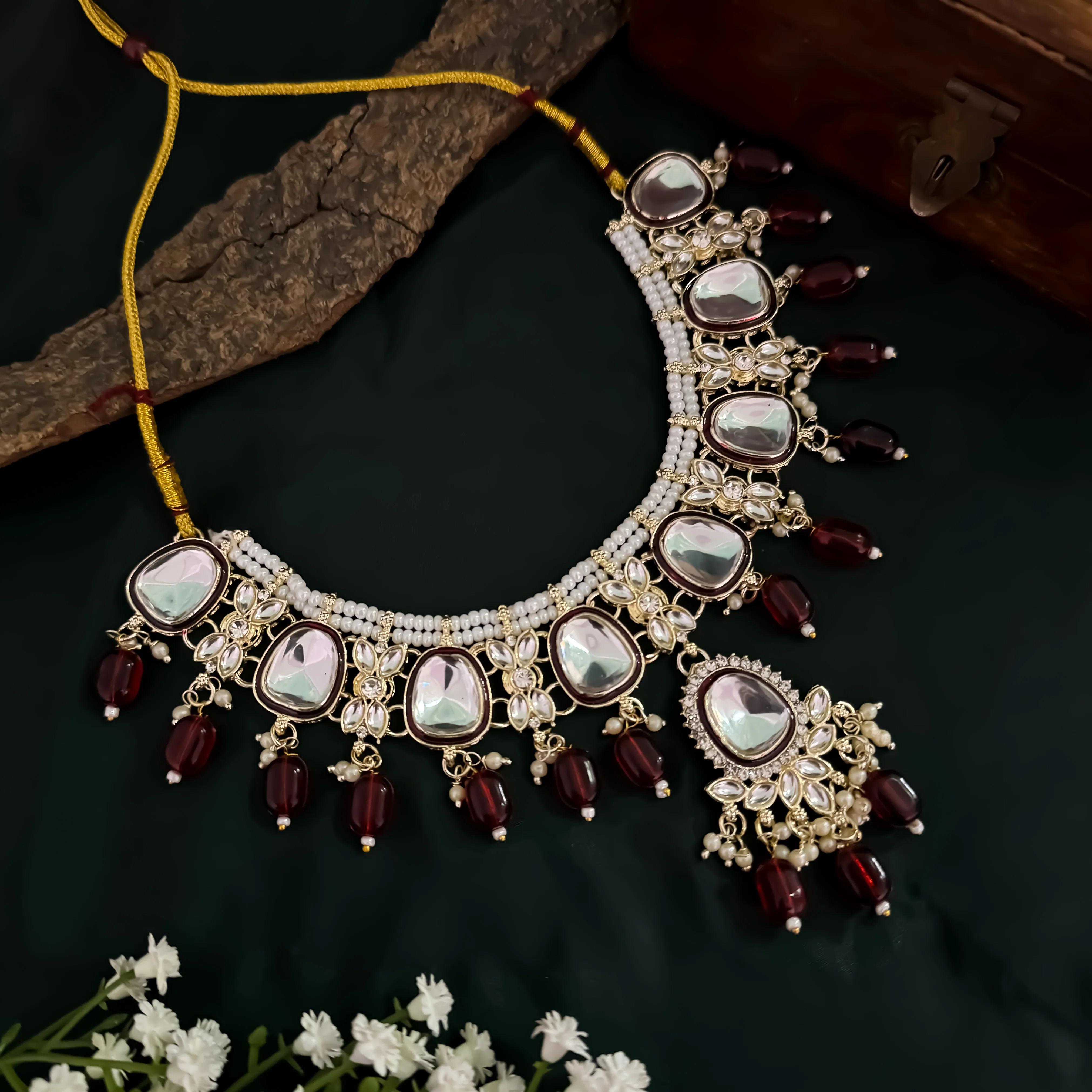 Kasish Kundan Necklace Set - Maroon - Image 2