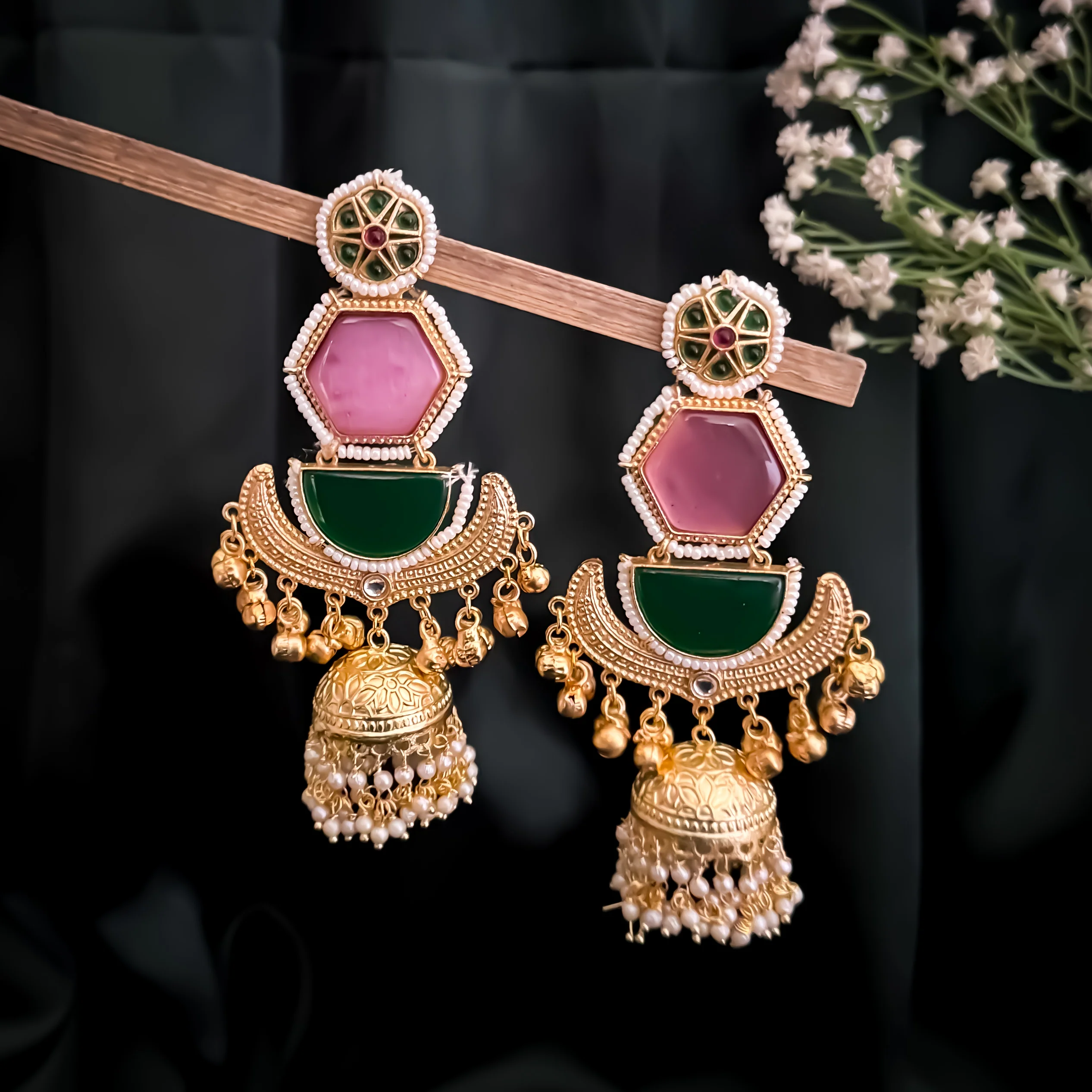 Kaviri Premium Kashmiri Brass Jhumka Ghungroo Earrings - Dark Green & Pink - Image 4