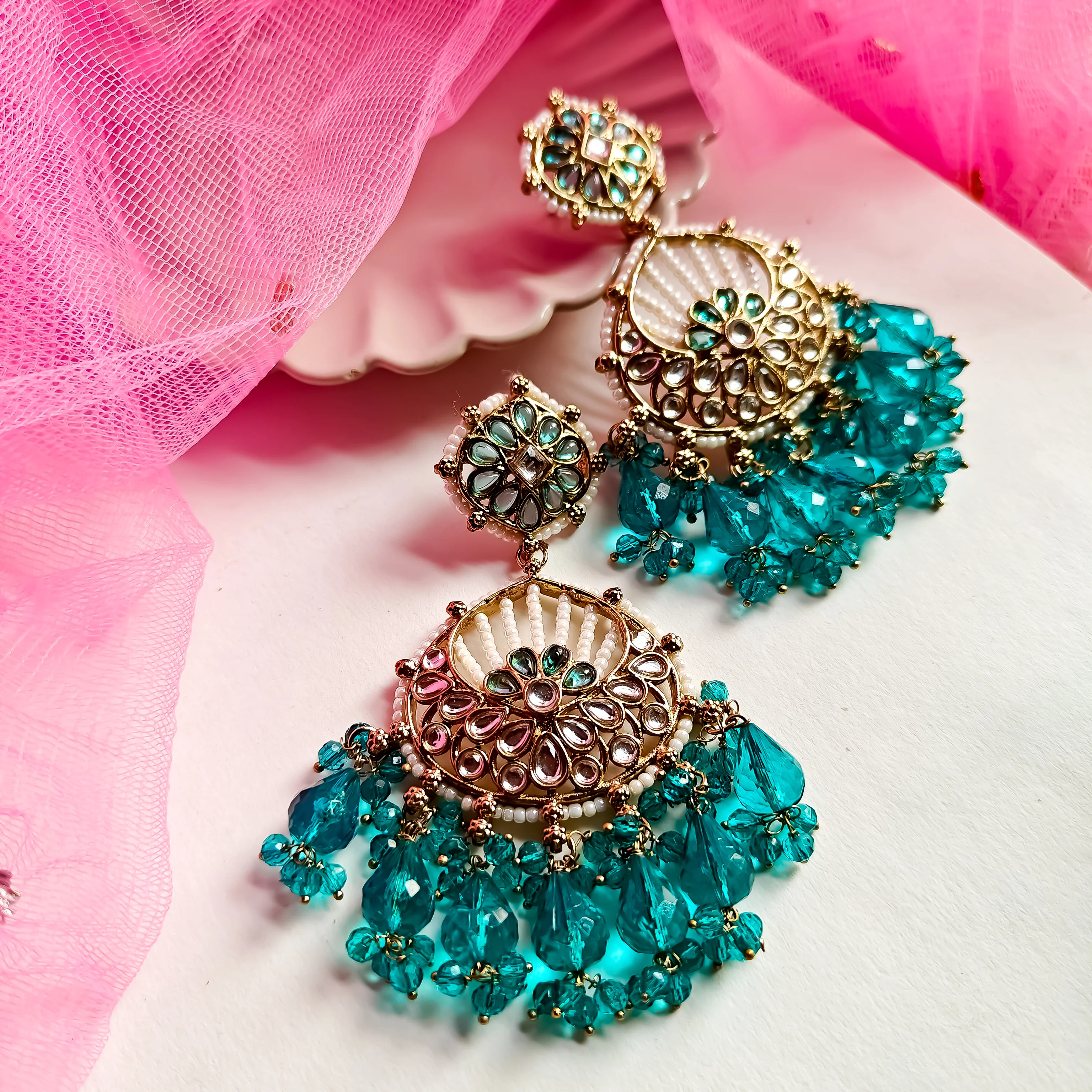 Kesar Chandbali Earrings - Firozi - Image 3