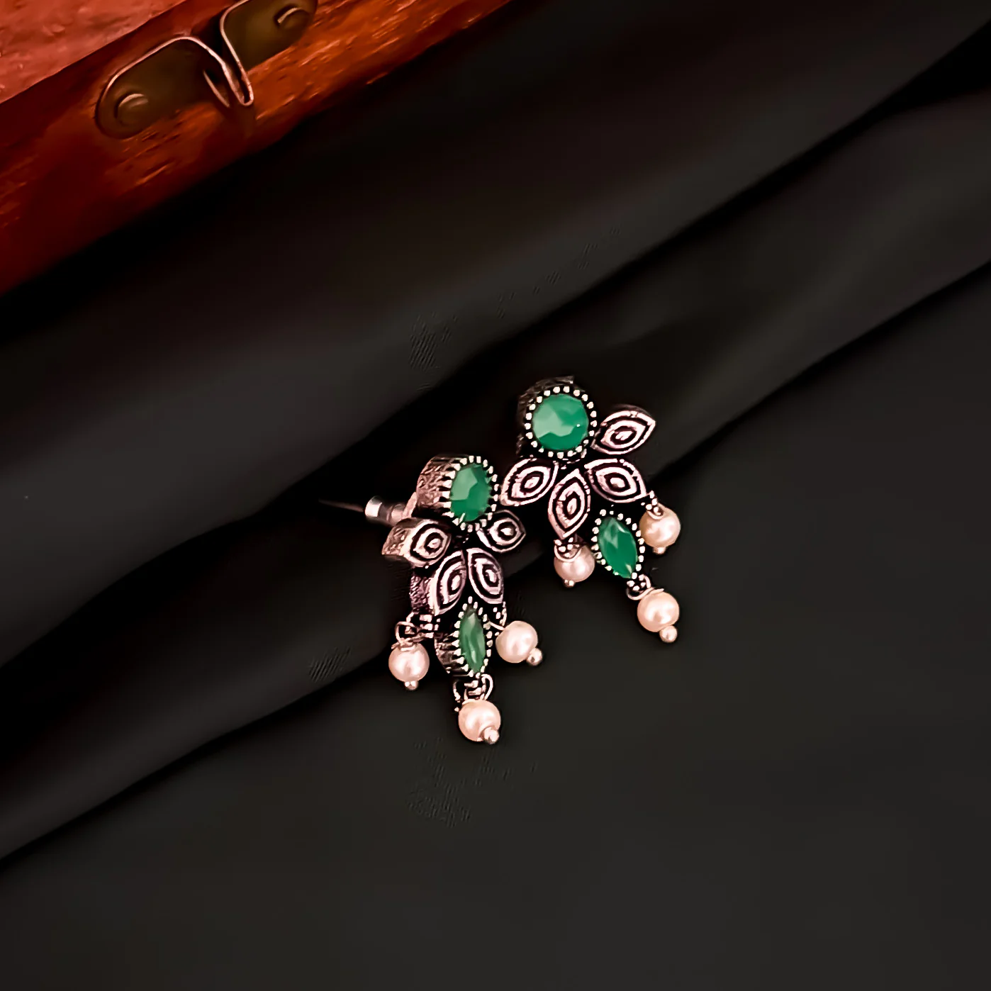 Kimaya Silver Oxidised Necklace Set- Green - Image 3