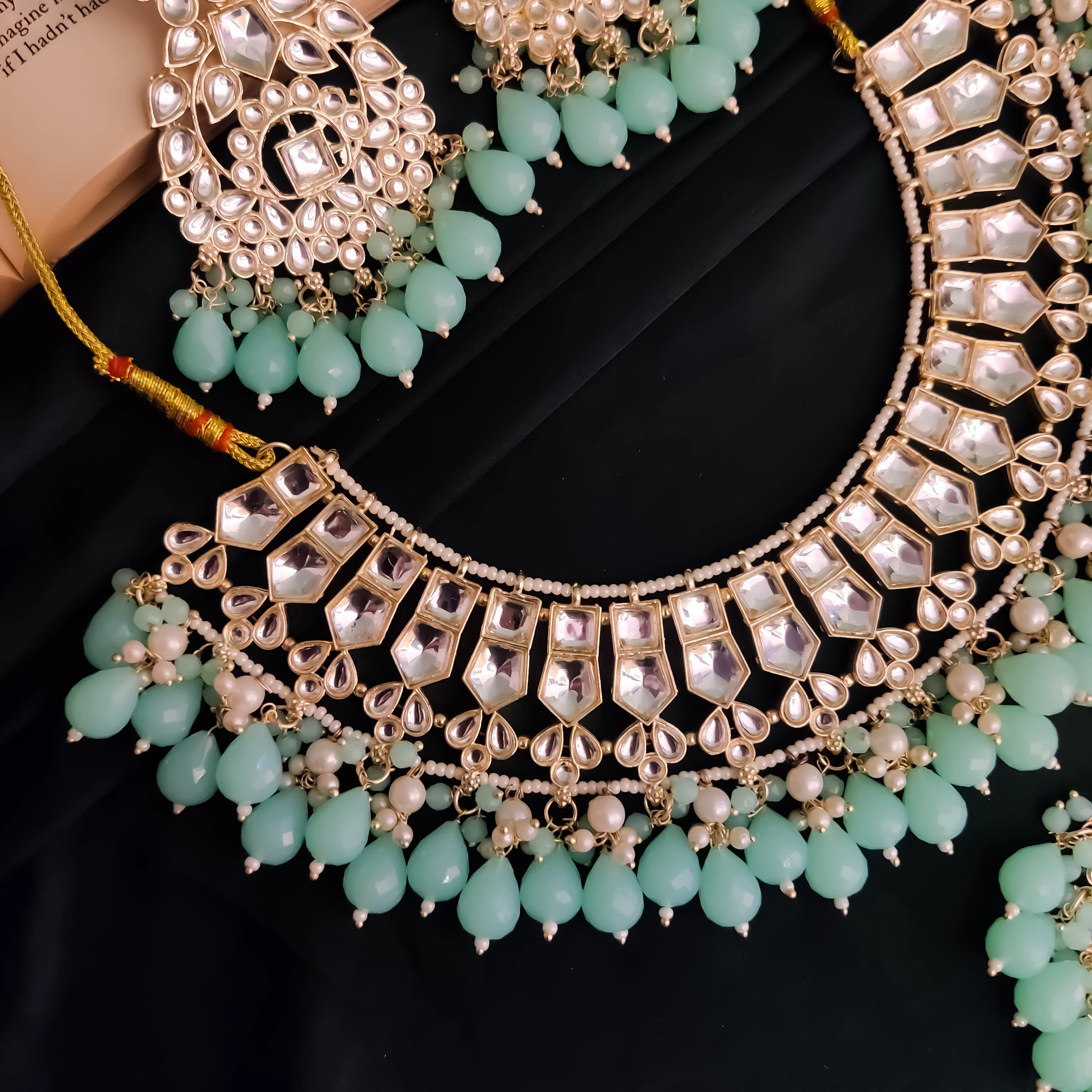 Kirat Kundan Necklace Set - Mint Green - Image 2