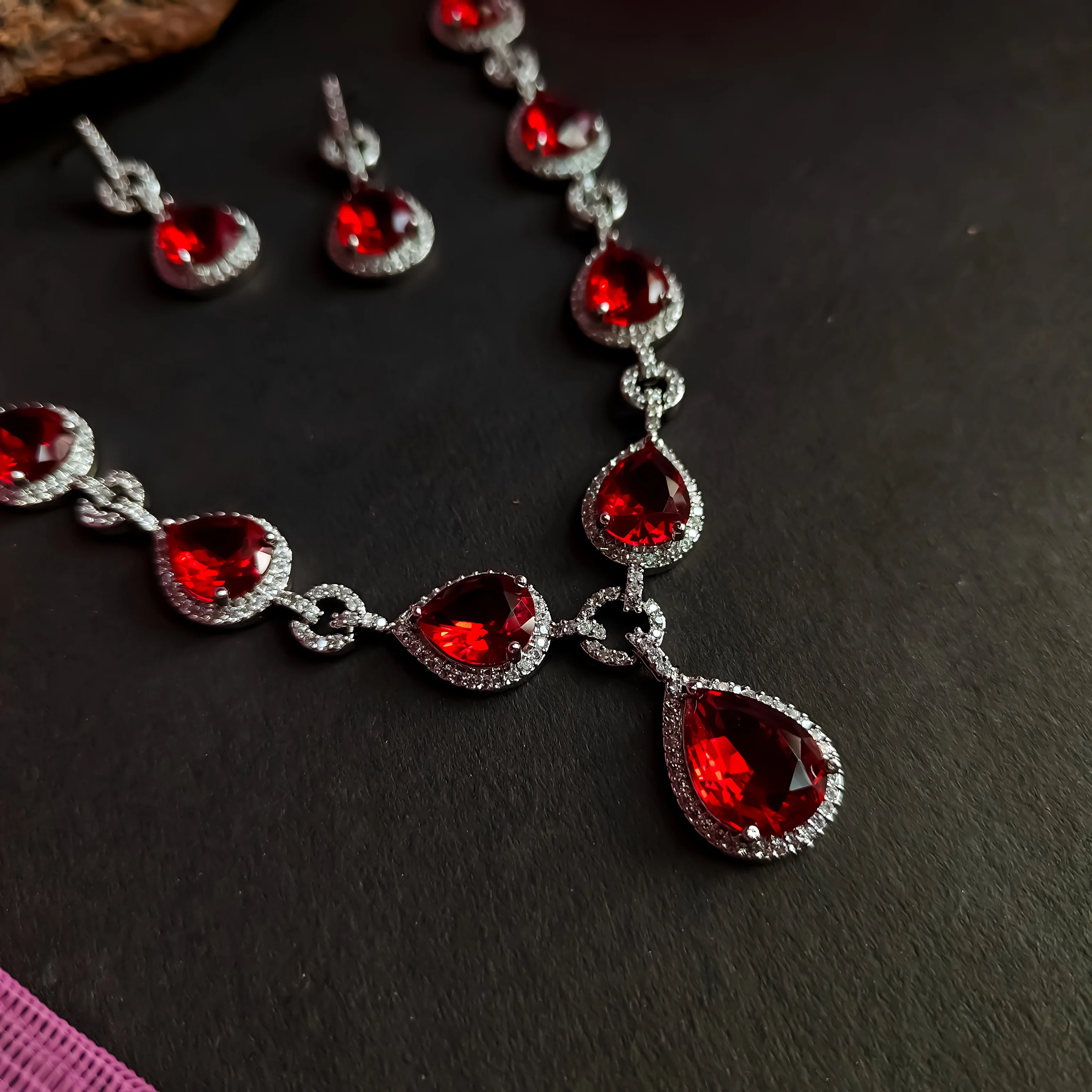 Kristine Premium American Diamond Necklace Set- Red - Image 3