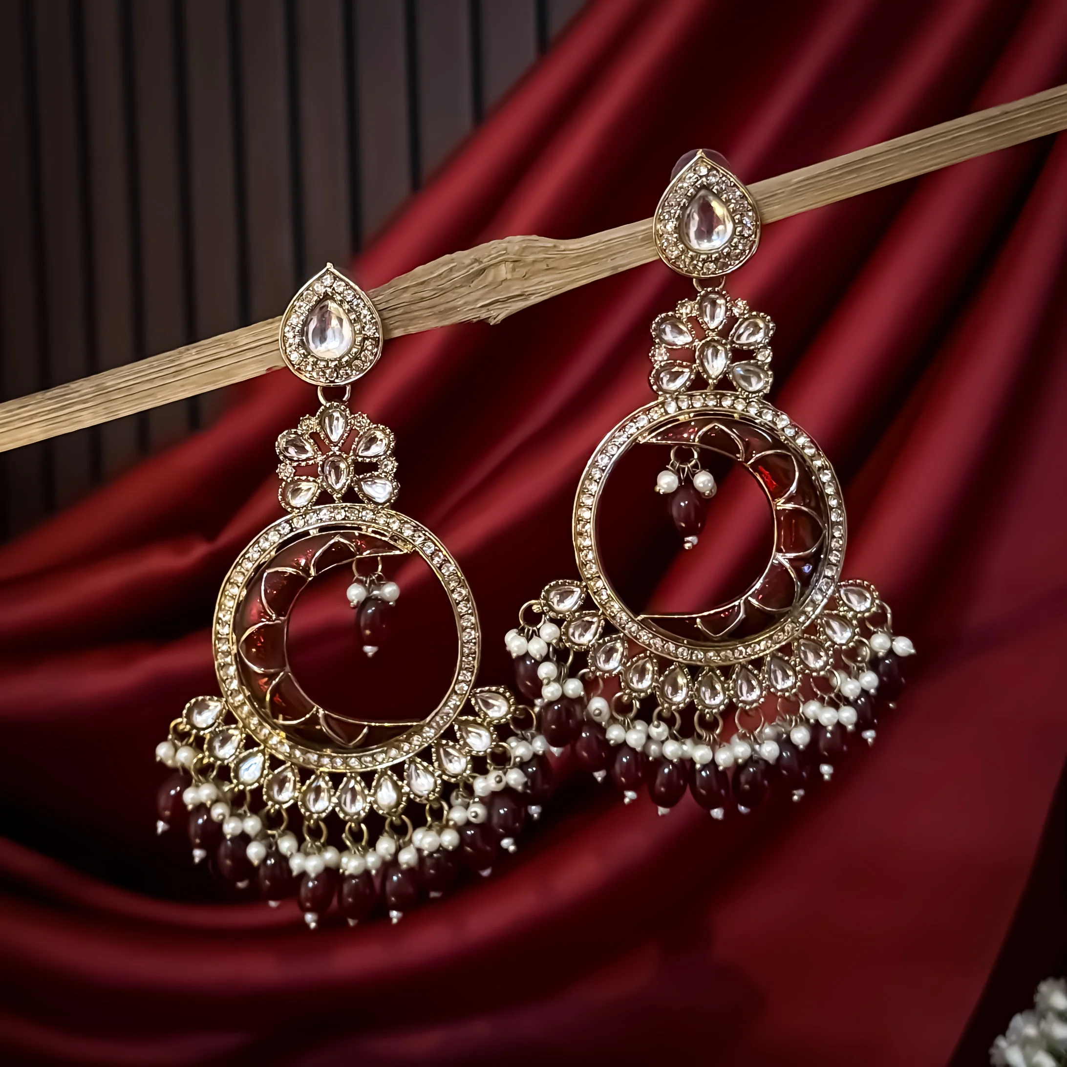 Kunica Kundan Pearl Chandbali Earrings - Maroon - Image 2