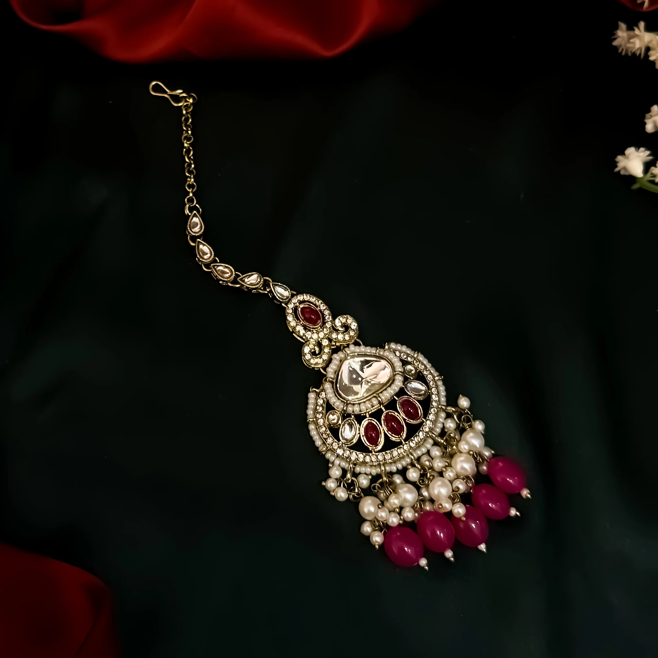 Lavya Pearl Premium Necklace Set - Hot Pink - Image 4