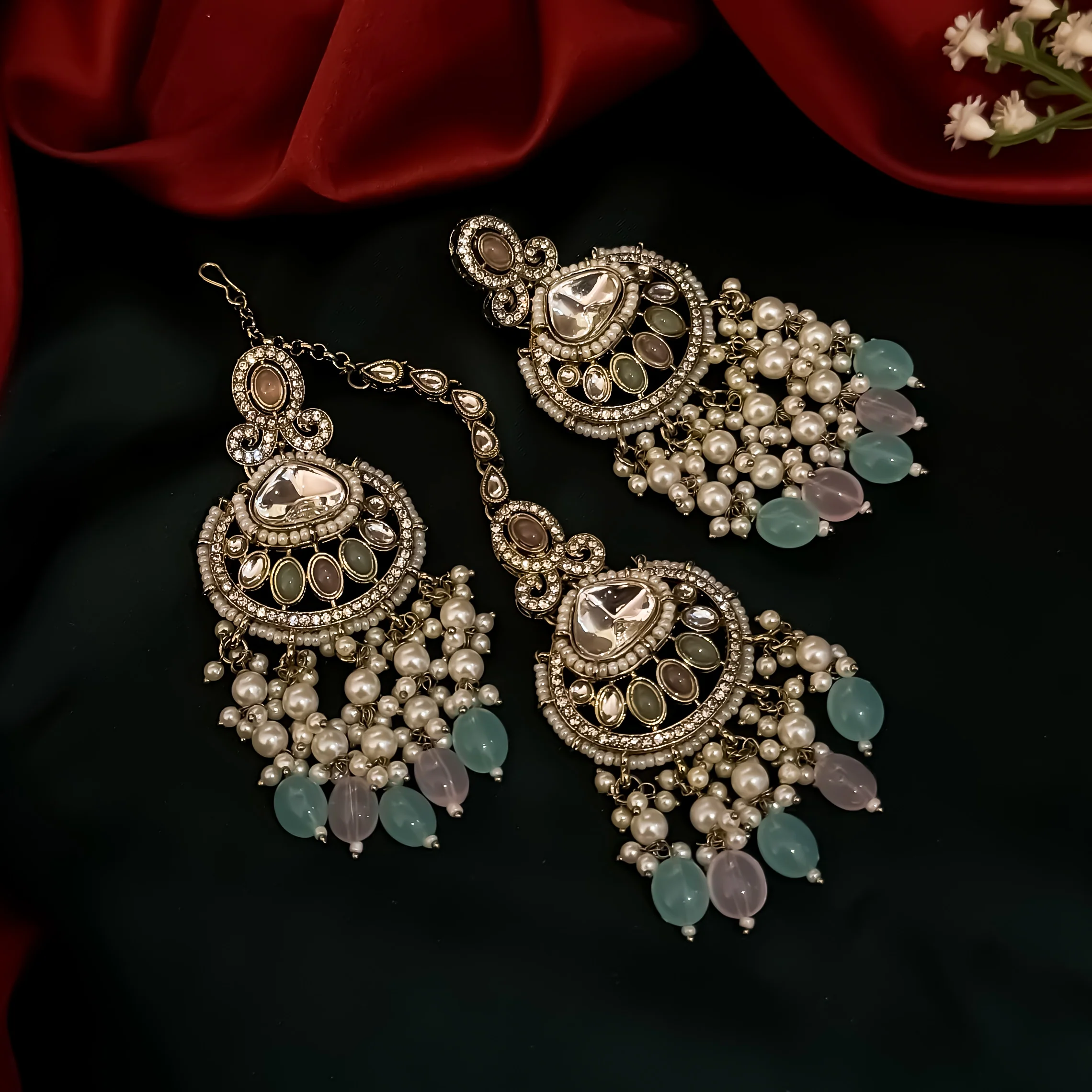 Lavya Pearl Premium Necklace Set - Pastel Pink & Pastel Green - Image 3