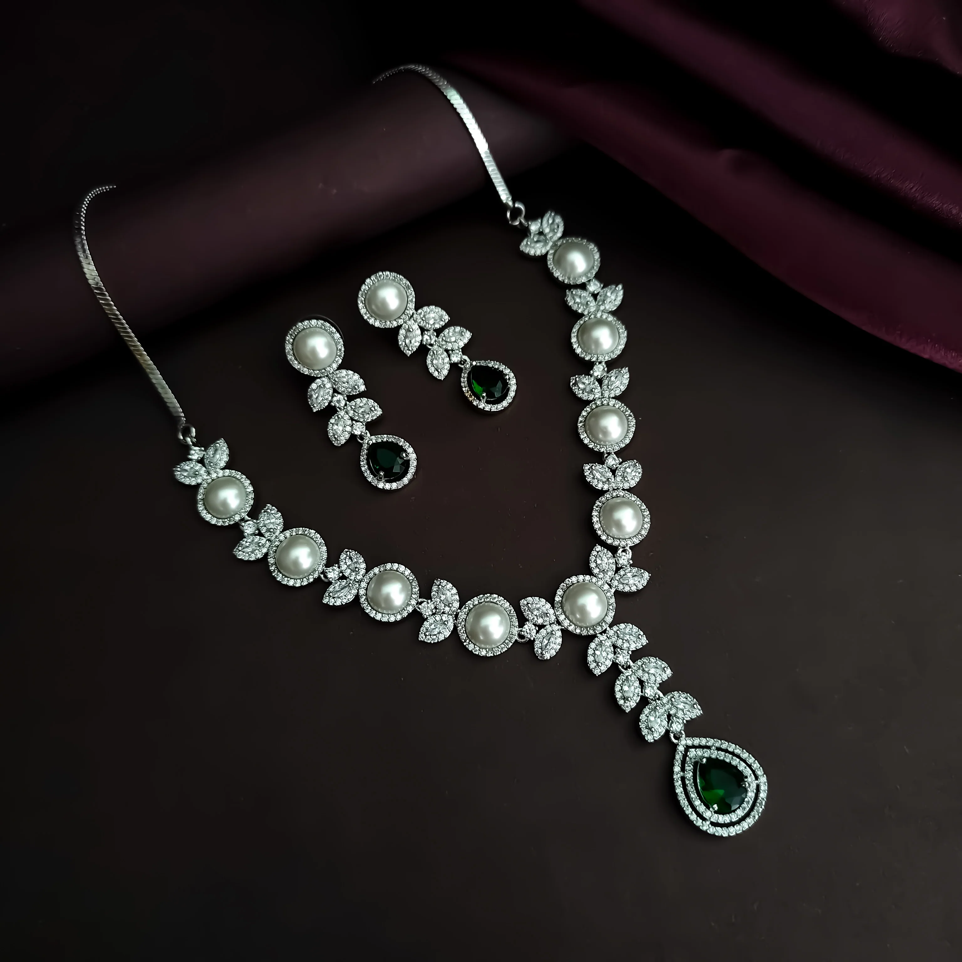 Lisha American Diamond Necklace Set - Emerald Green - Image 4