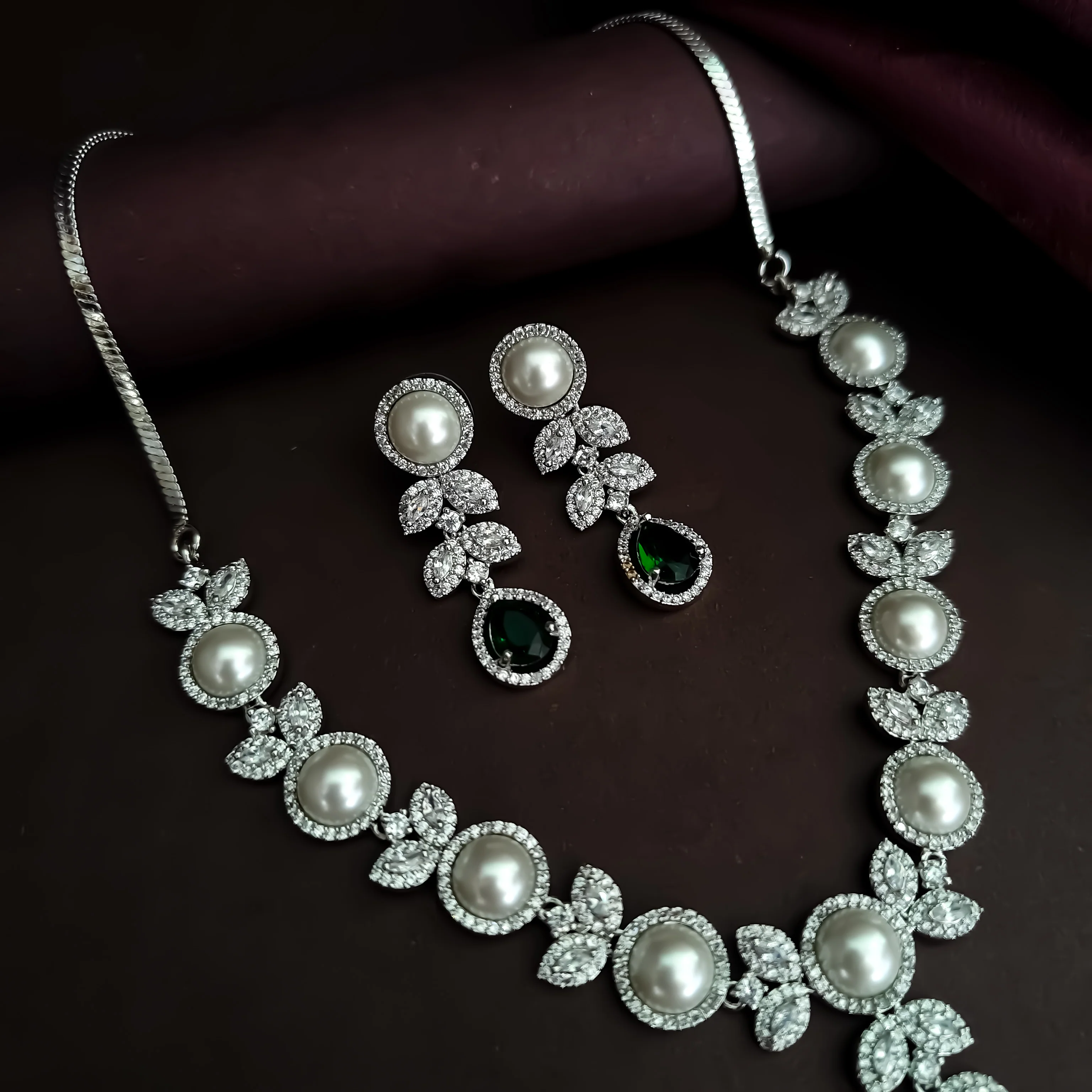 Lisha American Diamond Necklace Set - Emerald Green - Image 6