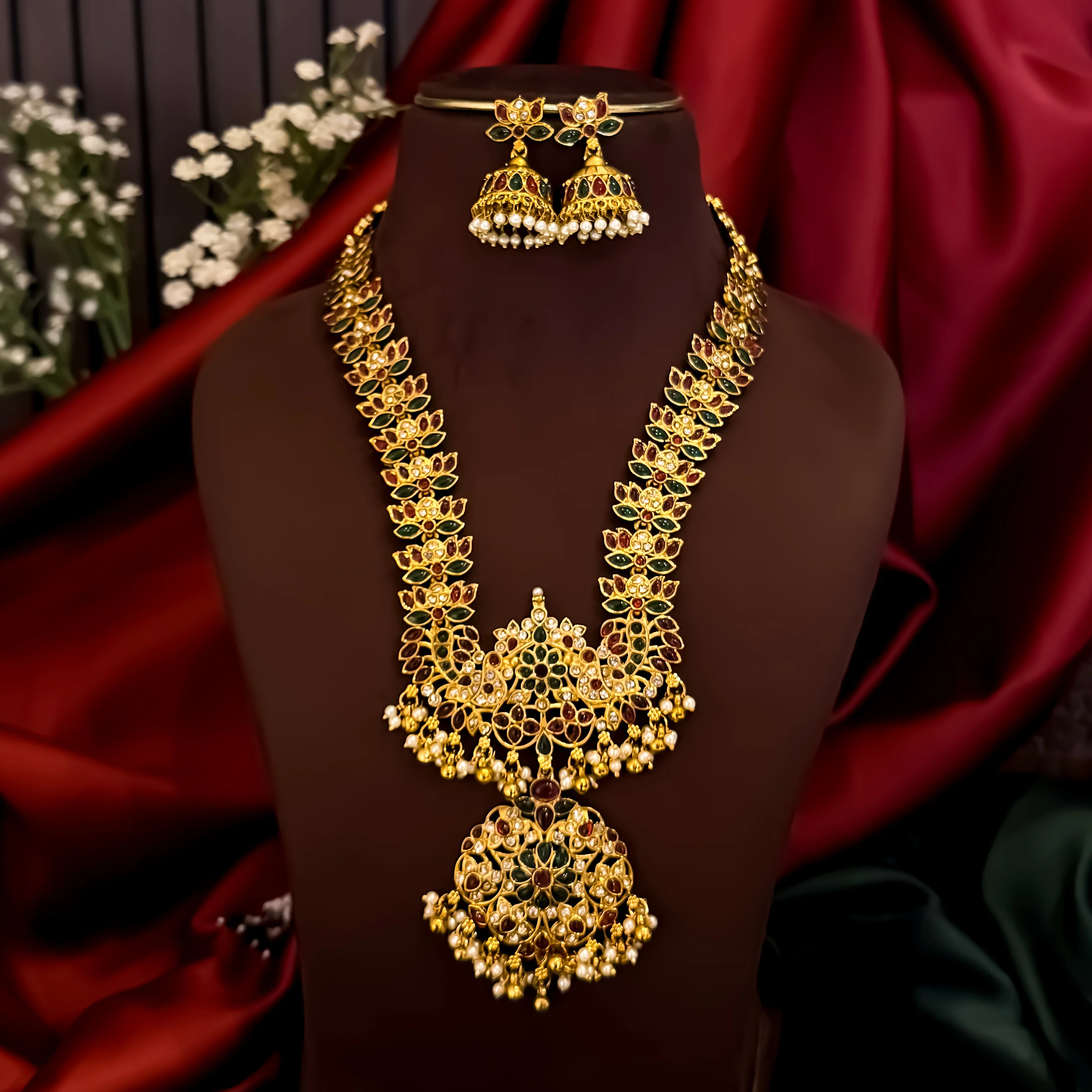 Chandrika Temple Motif Long Necklace Set - Pink & Green