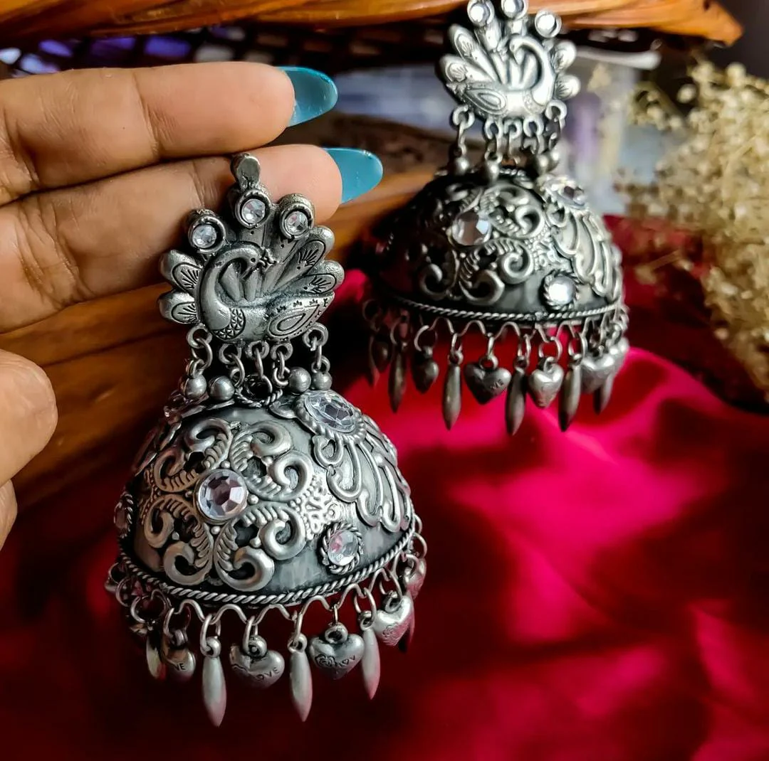 Lovey Oversized Oxidised Jhumka Earrings - Image 3