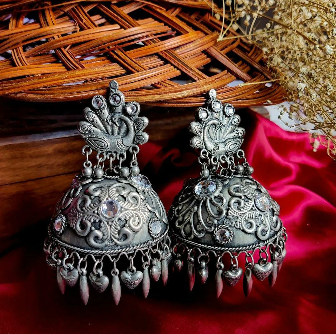 Lovey Oversized Oxidised Jhumka Earrings - Image 4