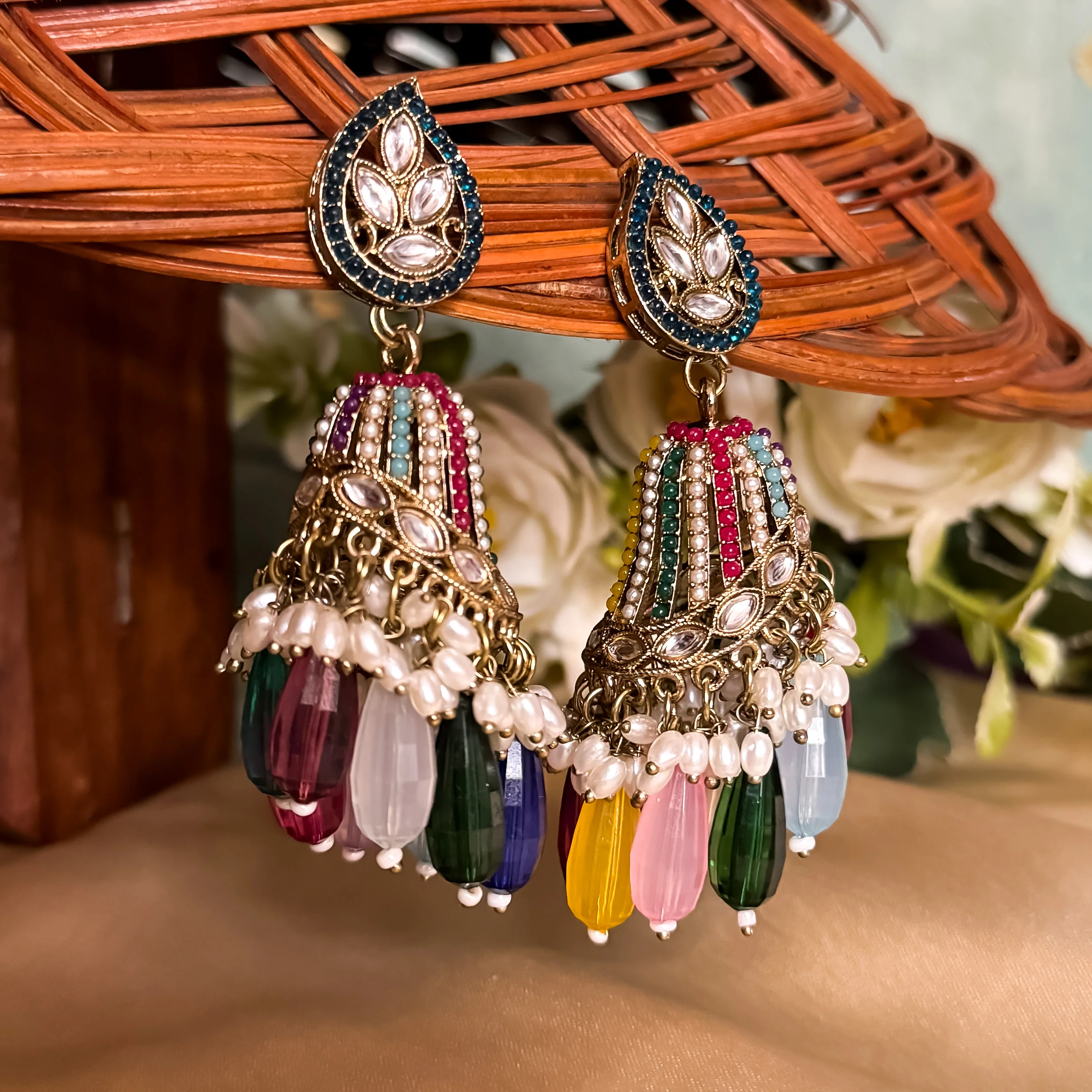 Maheer Jadau Jhumka Earrings - Multi - Image 2