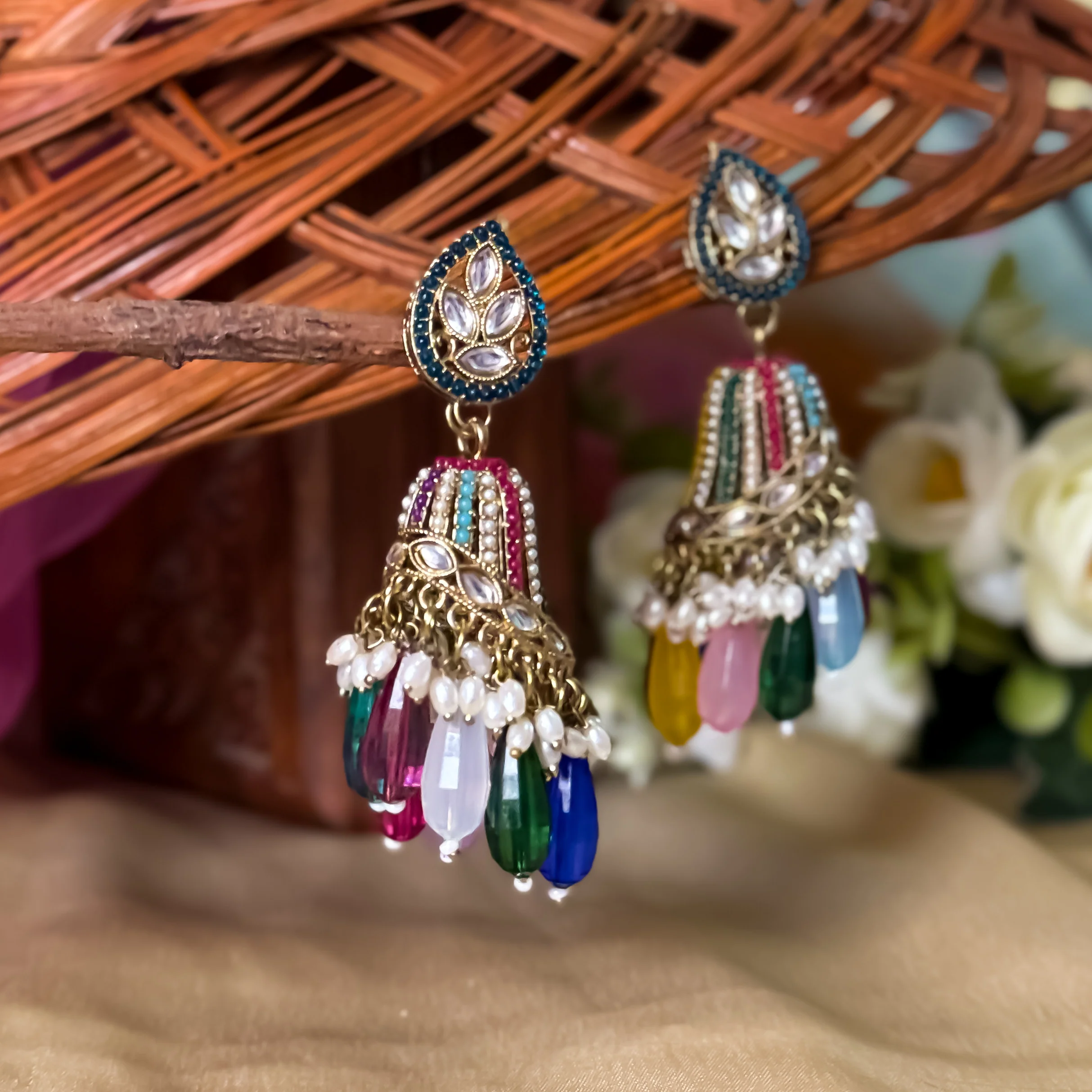 Maheer Jadau Jhumka Earrings - Multi - Image 3